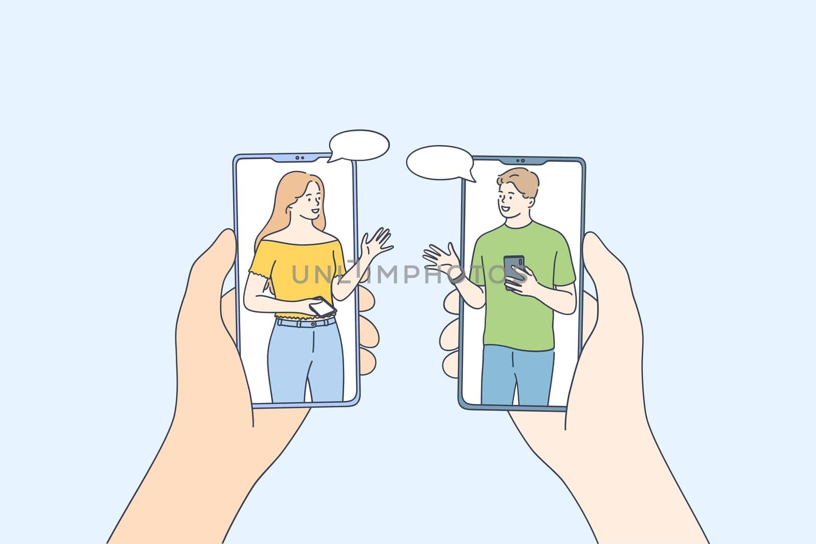 Video conference during COVID-19 concept. Screens of smartphones with people talking from home remotely concept, man and woman teammate using smartphone or mobile phone for distant meeting