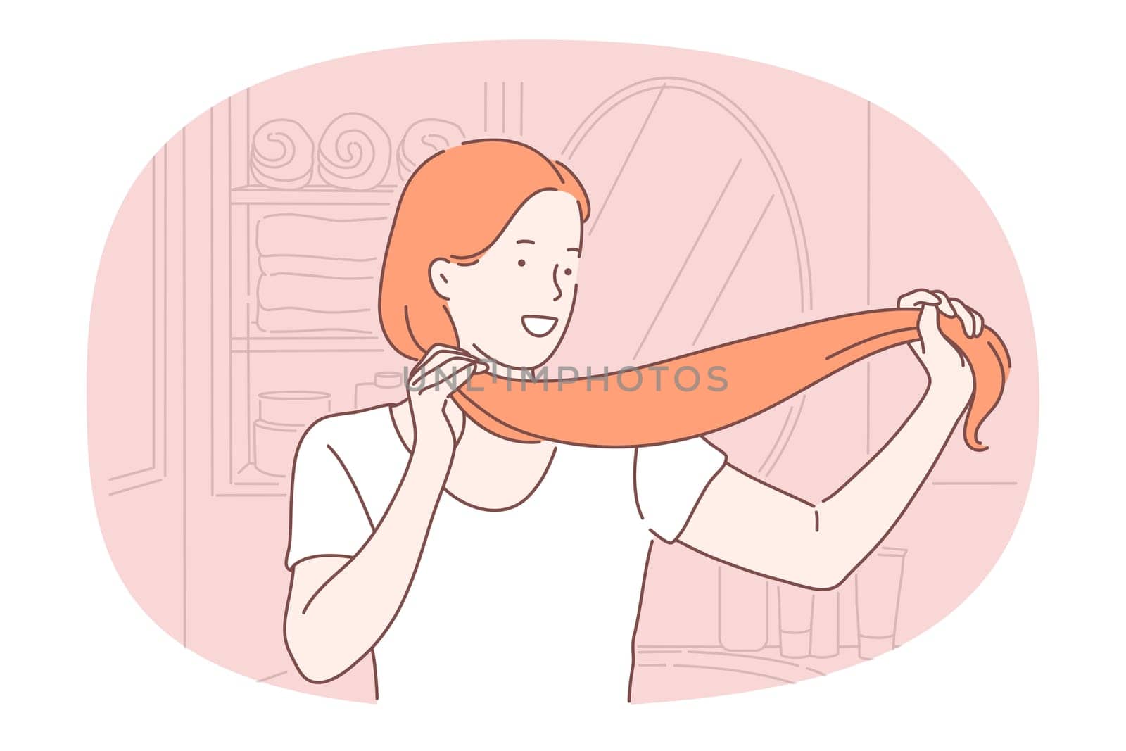 Hair care, hairdresser in wellness salon concept. Young smiling girl with red long shine straight hair standing and touching smooth strands after repairing procedures in hair salon