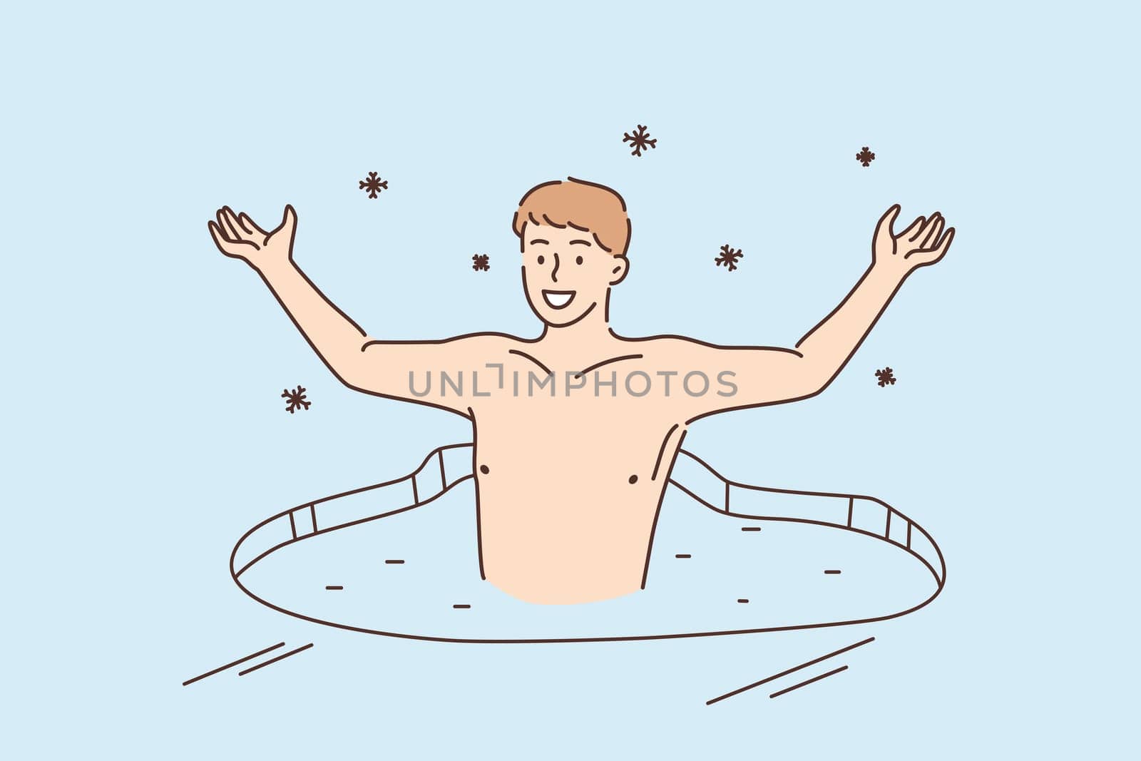 Healthy lifestyle challenge, sport activity concept. Smiling young man swimming in ice hole during winter taking part in Orthodox Church Holy Epiphany Day vector illustration