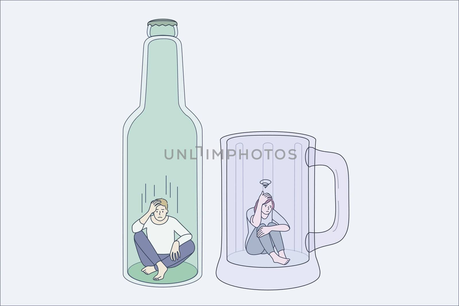 Addiction to alcohol and depression concept. Two young depressed people man and woman sitting on bottom of beer mug and bottle feeling stressed addicted to alcohol vector illustration