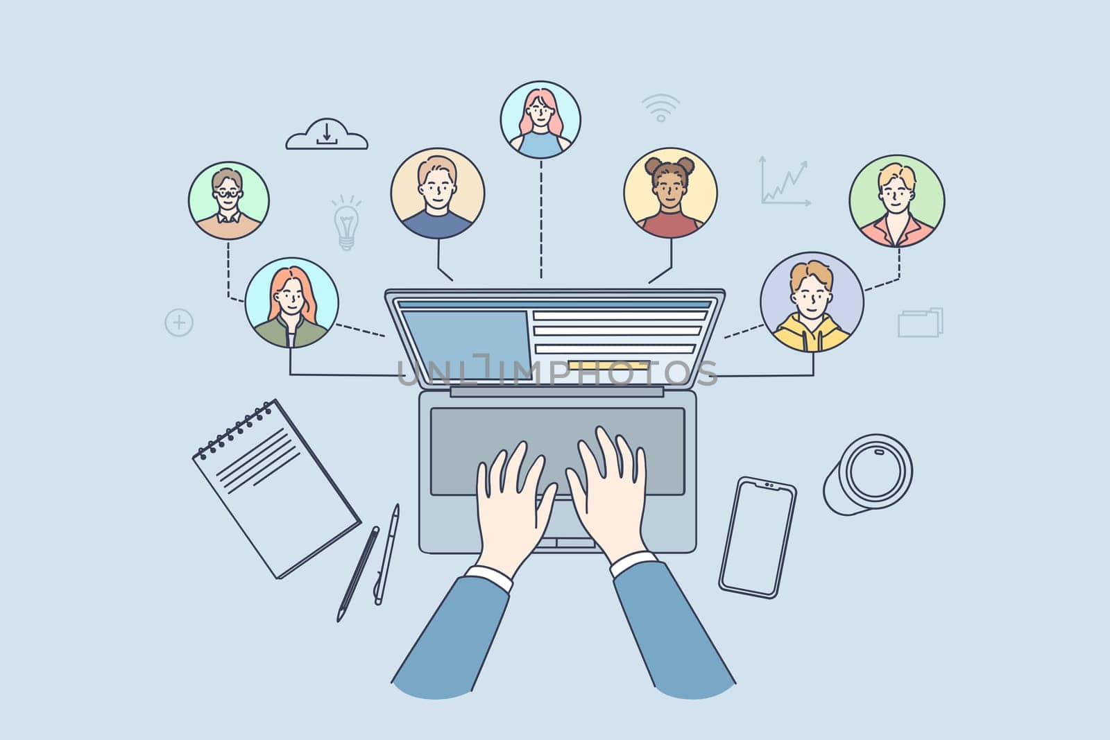 Freelance, remote working and job concept. People with different skills and experience connecting together online working on common corporate project on distance vector illustration