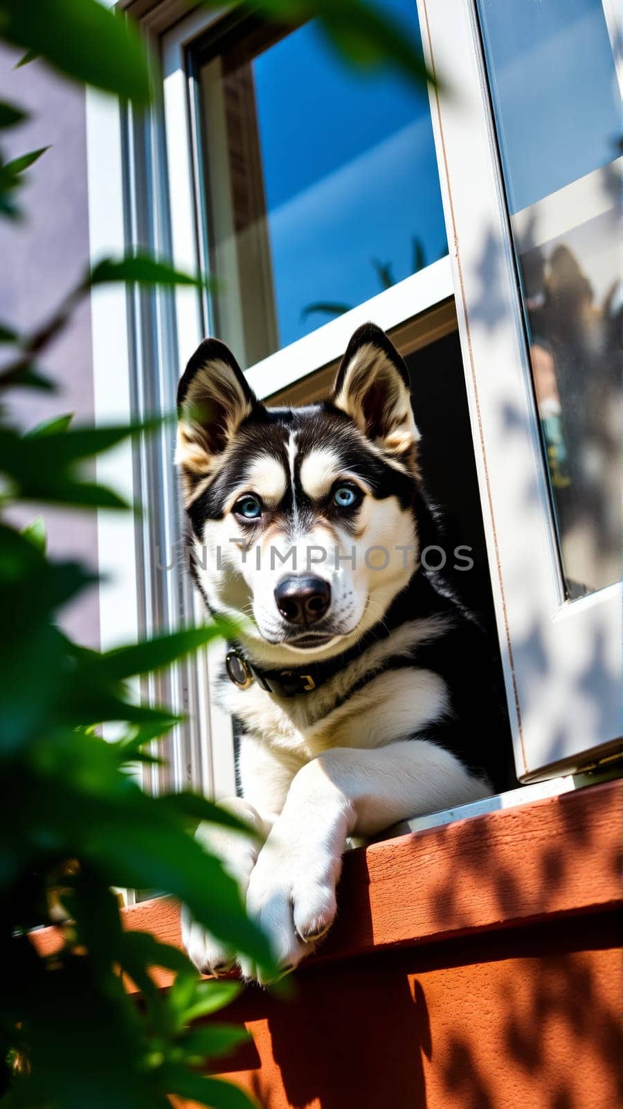 The dog wants to go for a walk. The Siberian Husky is looking at the street from the window of the house. In the yard, there are fresh spring foliage on the trees.. High quality photo
