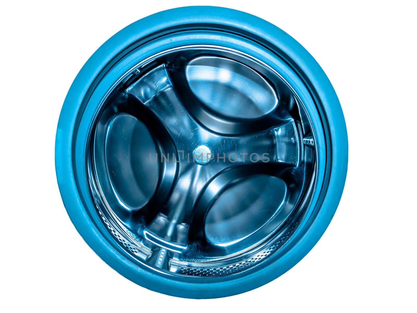 Metal drum of the washing machine made of stainless steel. Stainless steel tank. Washing machine repair service. Household appliances repair workshop. Mechanic repairman. Home wash.