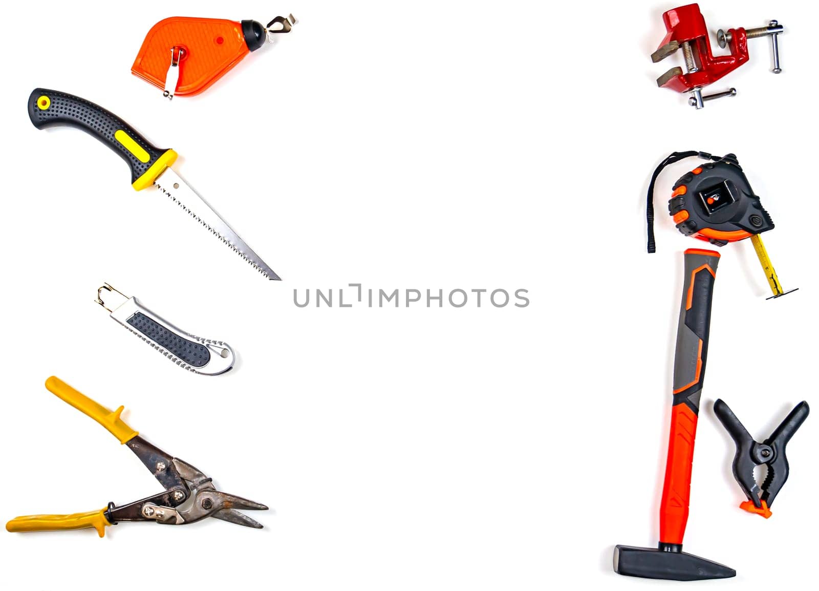 Builder working tool on a white background. Working tool. Construction equipment. Construction and repair. Apartment and house. A set of equipment. Master builder.