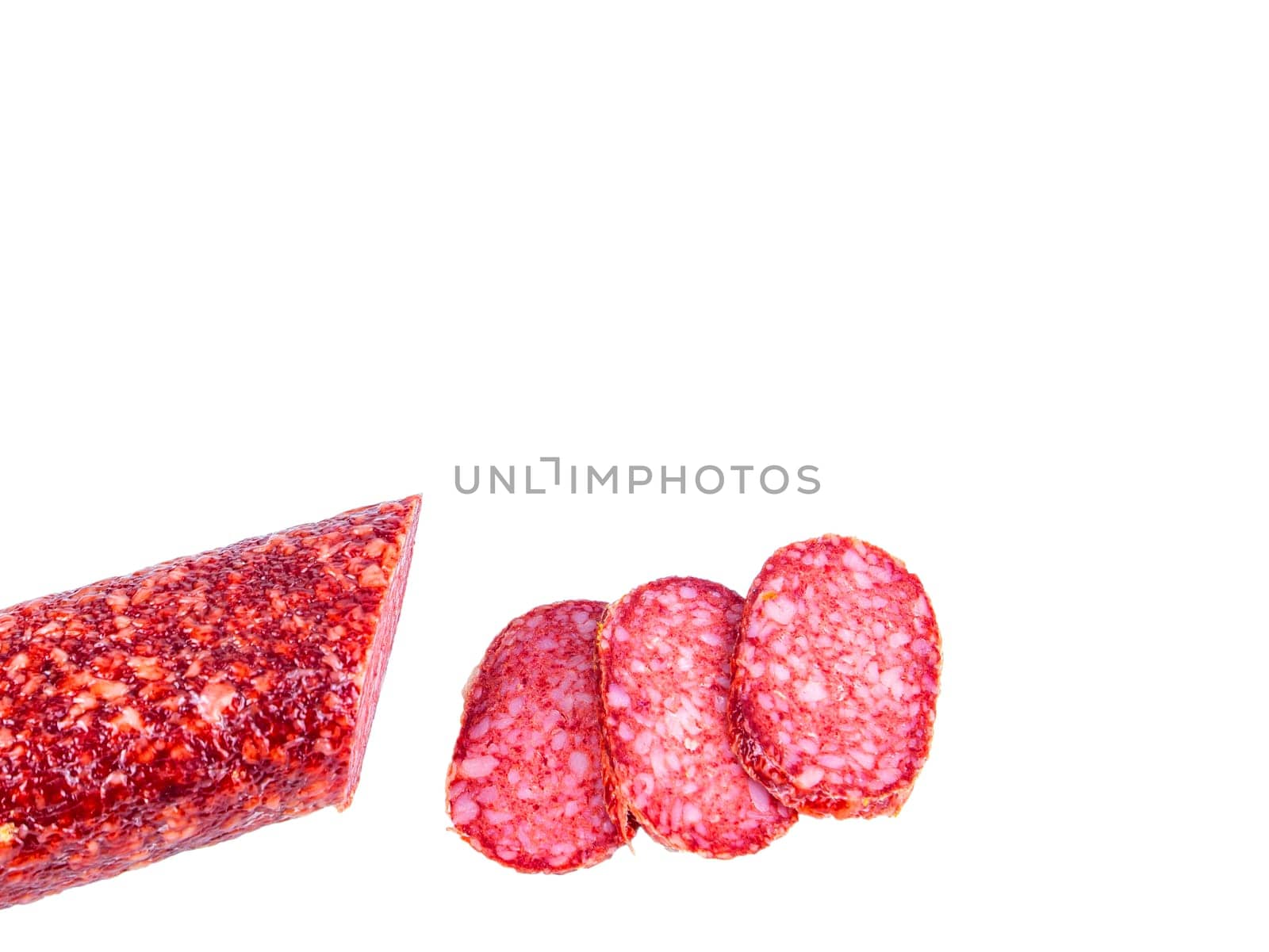 Meat product sausage on a white background. Pork sausage. Beef meat. Home kitchen. Fatty food. Unhealthy food. Calories. Showcase of a butcher's shop. White background.