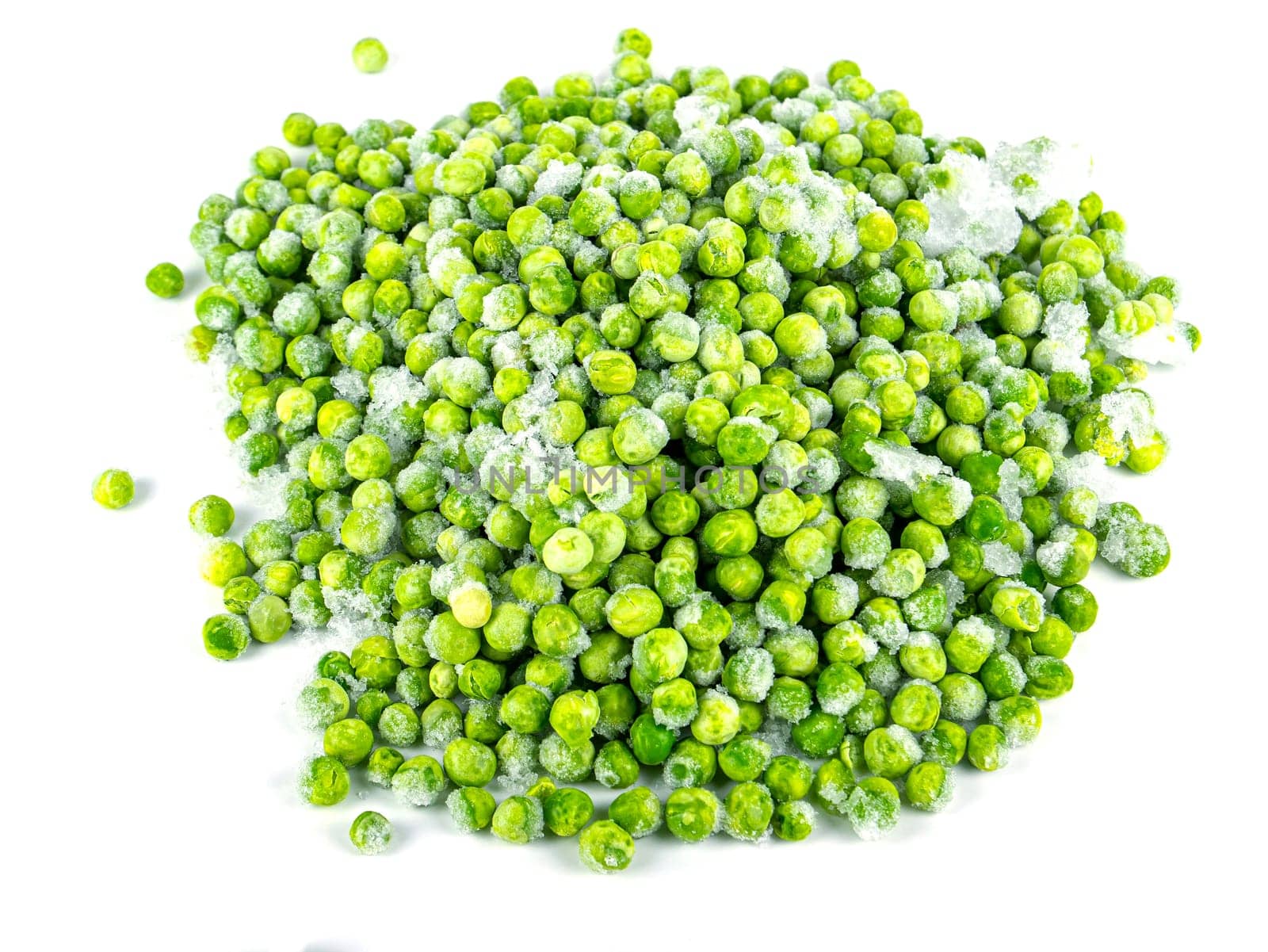 Frozen green peas vegetable on a white plate. Frozen vegetables. Green peas. Food in the refrigerator. Food storage. Vegetarian food. Harvest storage. White background.