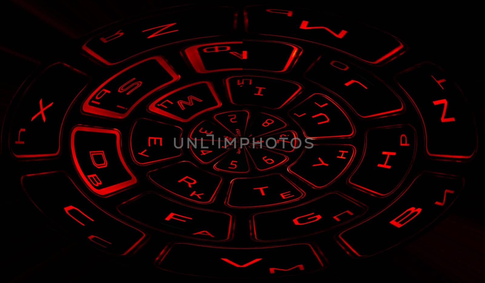 Computer keyboard in black and red colors abstract illustration. Computer techologies. Typing on the keyboard. Abstract background image. Red illumination of laptop buttons.