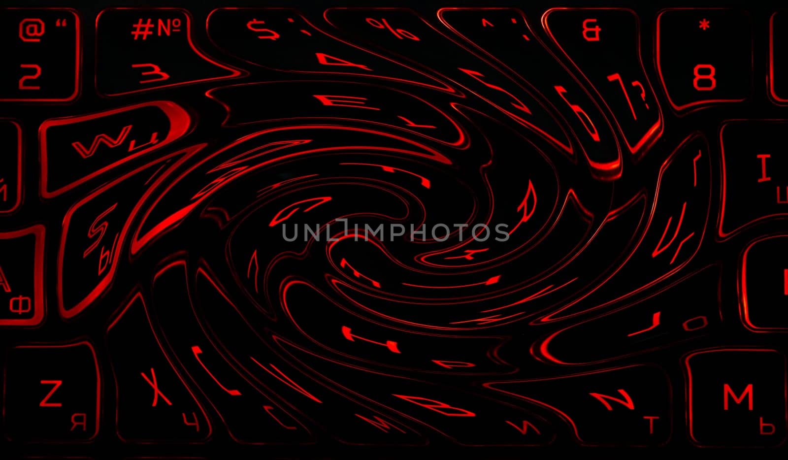Computer keyboard in black and red colors abstract illustration. Computer techologies. Typing on the keyboard. Abstract background image. Red illumination of laptop buttons.