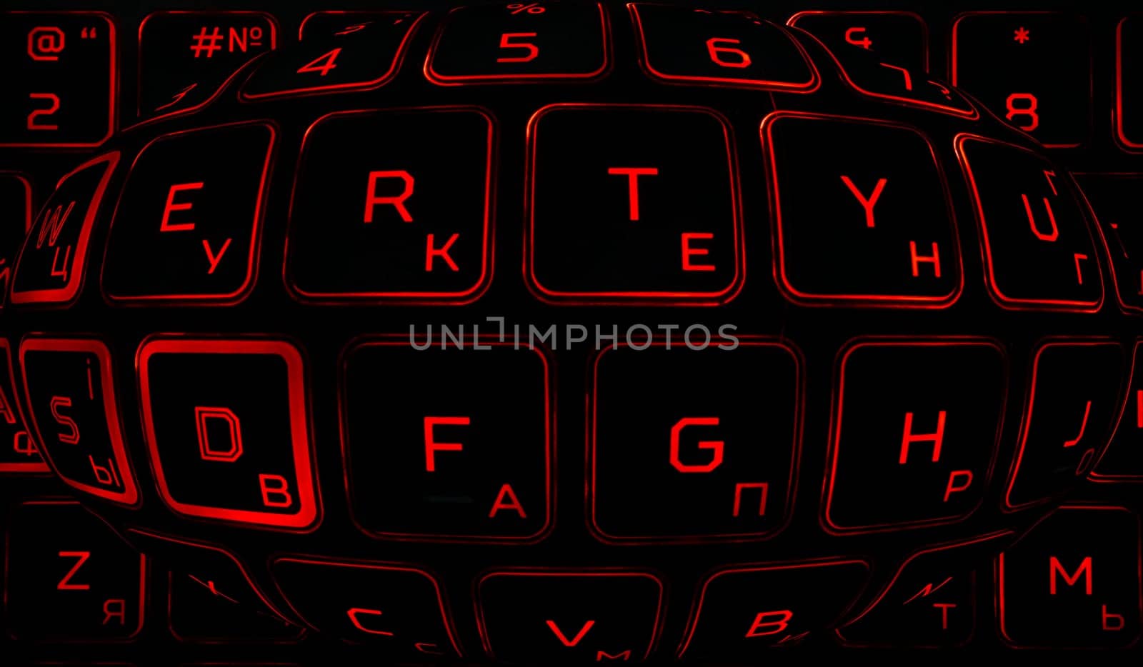 Computer keyboard in black and red colors abstract illustration. Computer techologies. Typing on the keyboard. Abstract background image. Red illumination of laptop buttons.
