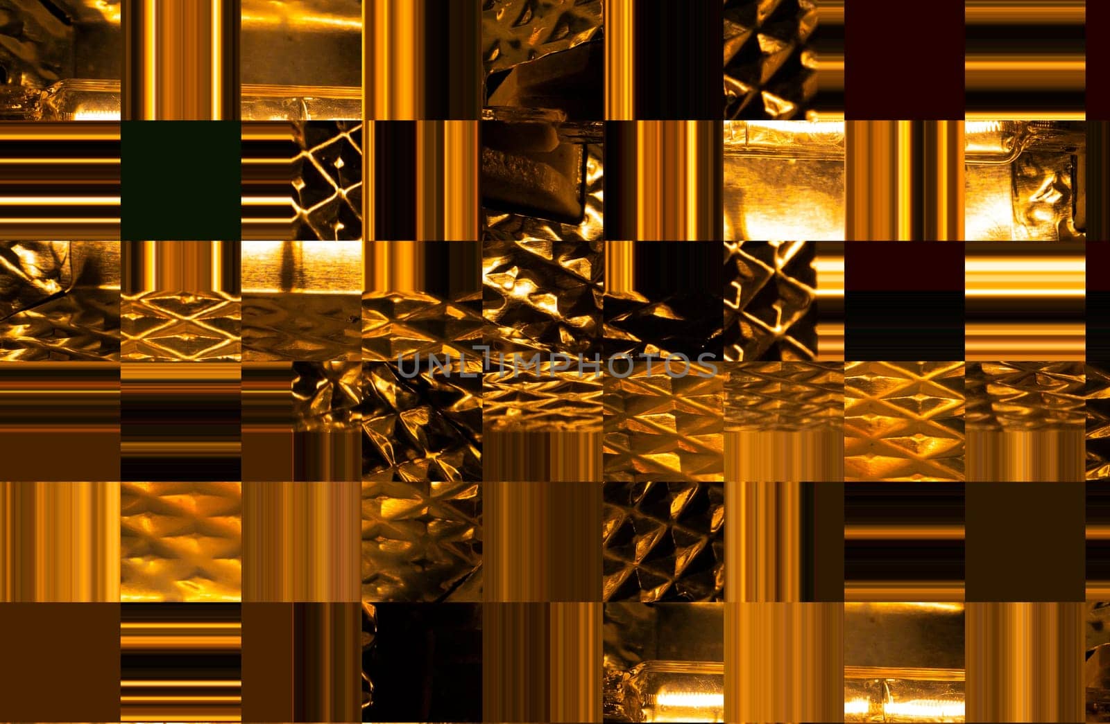 Abstract illustration of intersecting squares in gold tones. Textured image of the surface of a square structure. Abstract illustration. Gold colors. Background image. Place for text. Poster. Booklet.