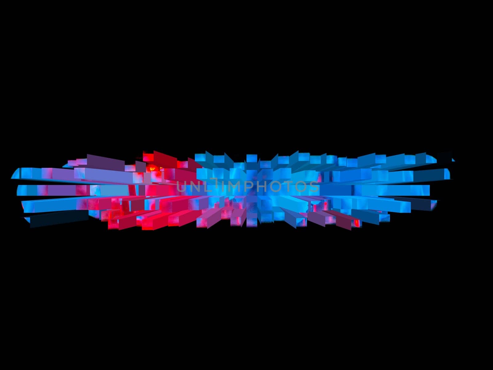 Abstract illustration in blue and red colors on a black background. Space theme. The cycle. Explosion of a space star. Spikes and squares. Background image. Place for your text.
