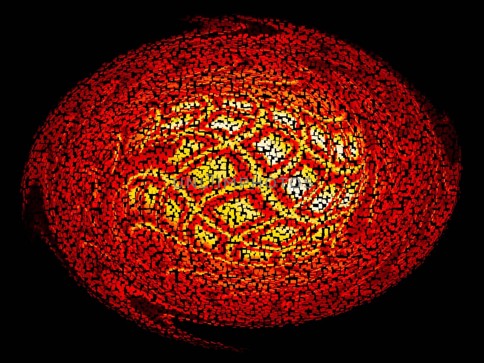 3d sphere of yellow and red colors on a black background. Mosaic sphere. Space theme. Space planet. Fantastic background image. Poster. Place for your text. Volumetric image.