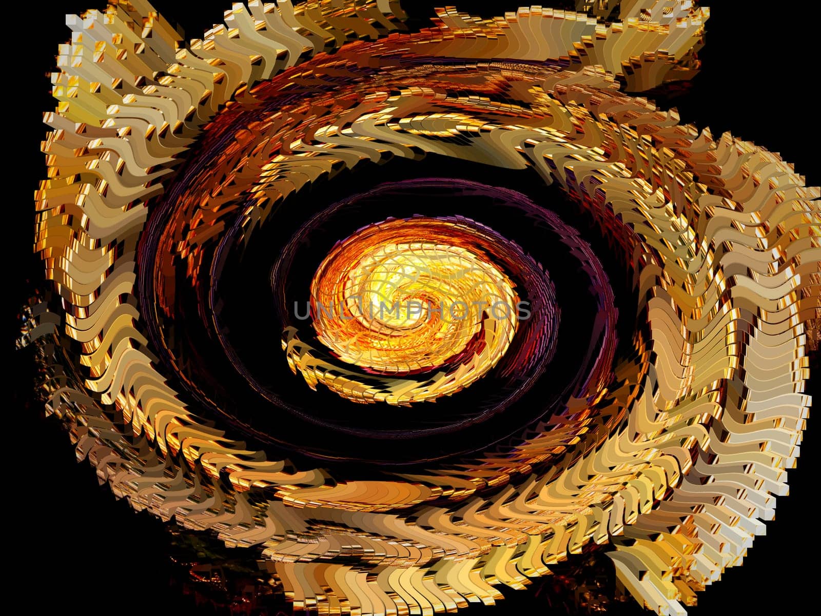 Fiery spirals of curvature of space 3d on a black background. Fiery swirls. Outer space abstraction. Cosmic spiral. Abstract flame. Black background. Golden color. Background image. Poster.