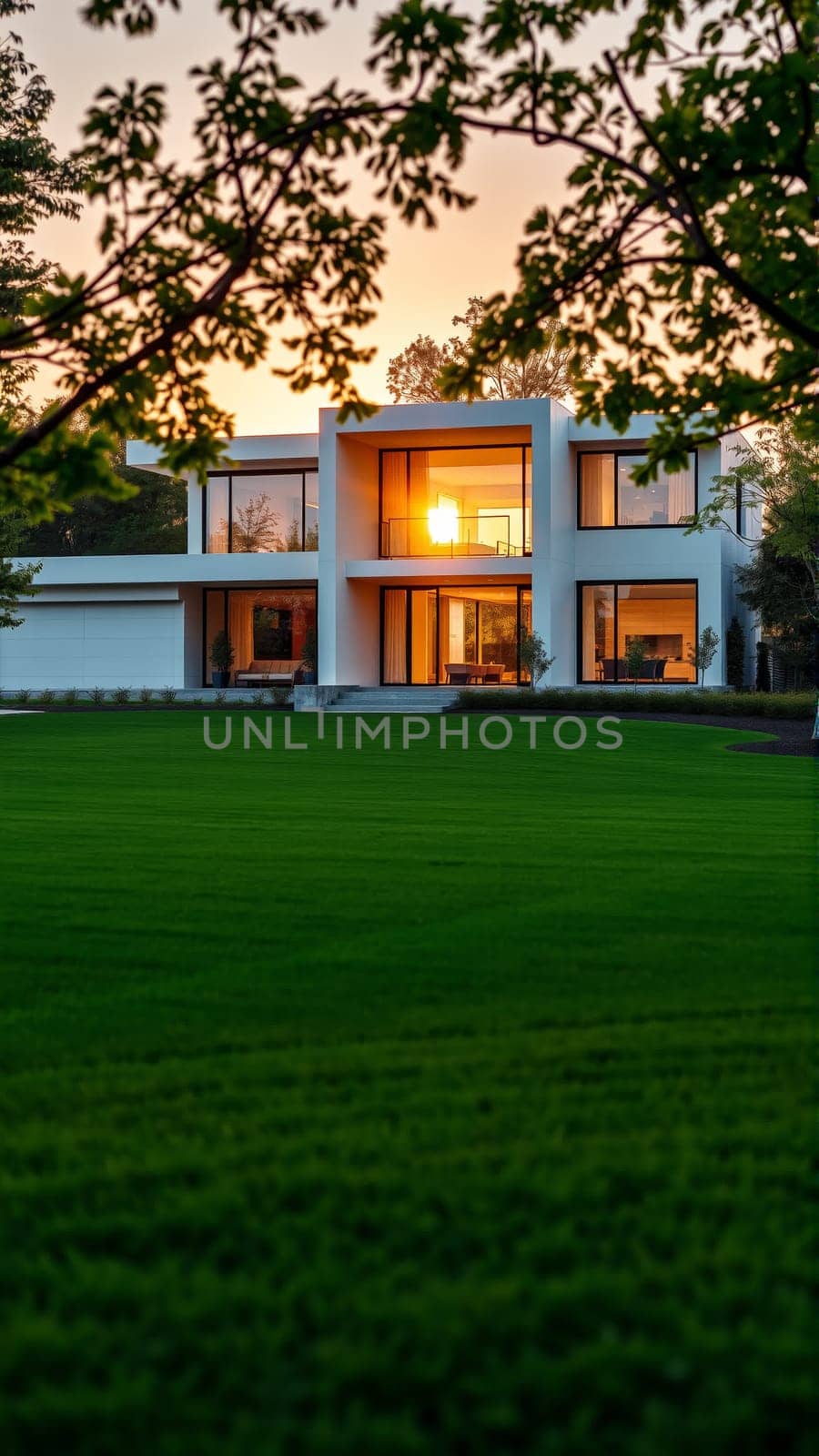 The modern individual residential house is surrounded by a well-groomed beautiful lawn. High quality photo