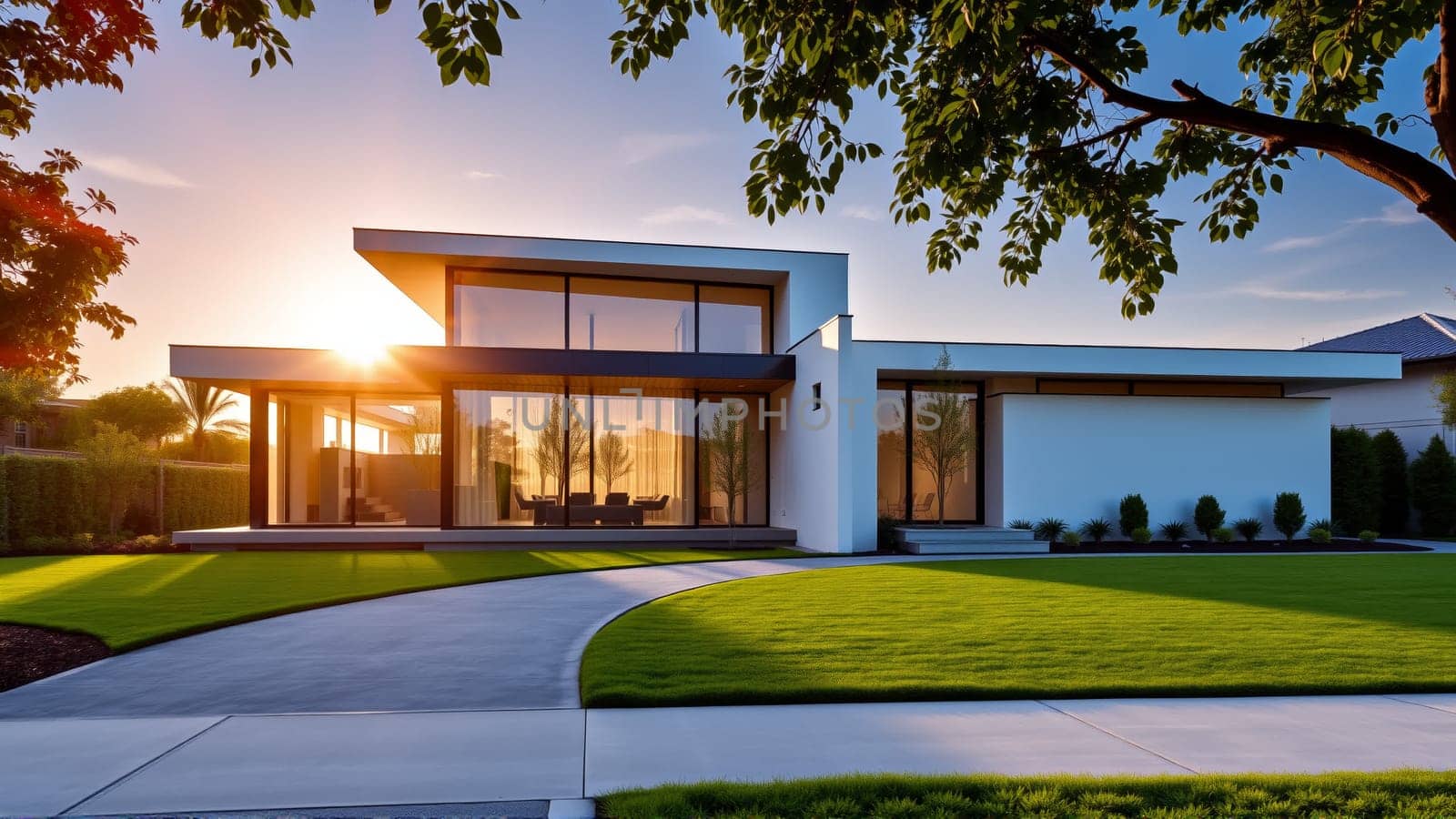 The modern individual residential house is surrounded by a well-groomed beautiful lawn. High quality photo