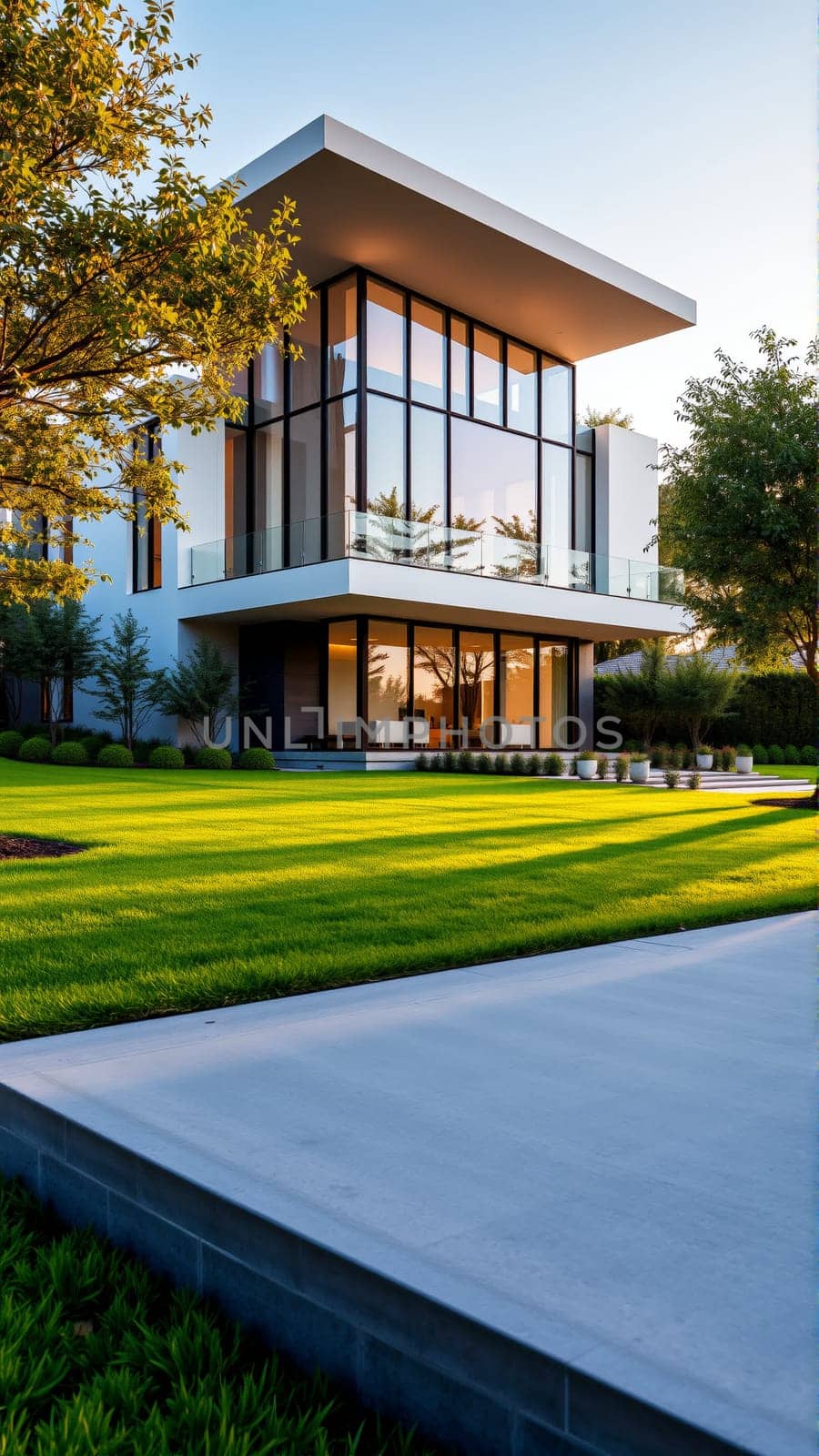 The modern individual residential house is surrounded by a well-groomed beautiful lawn. High quality photo