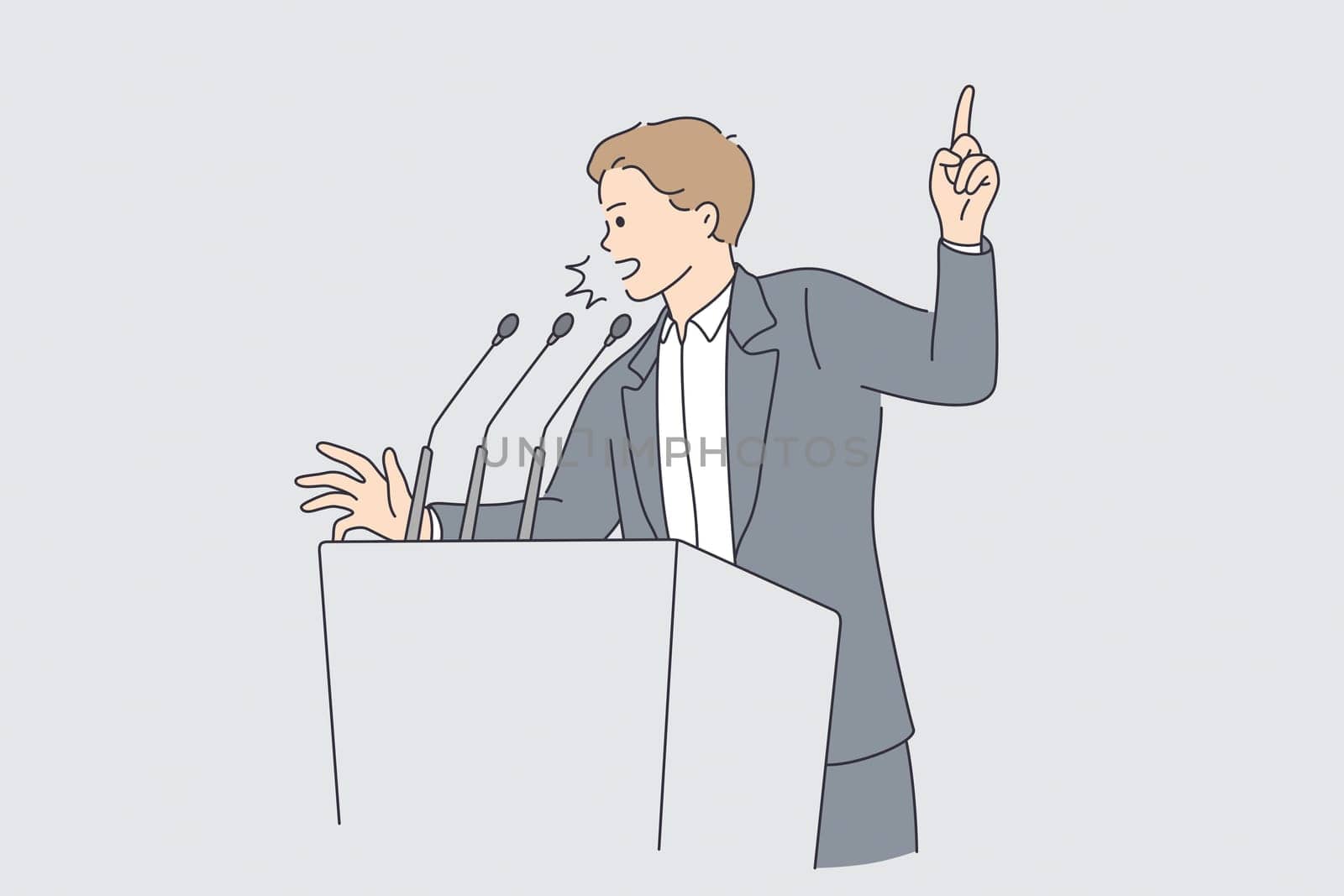 Politics and election campaign concept. Young determined businessman or politician man cartoon character standing and making announcement or presentation from tribune showing finger up
