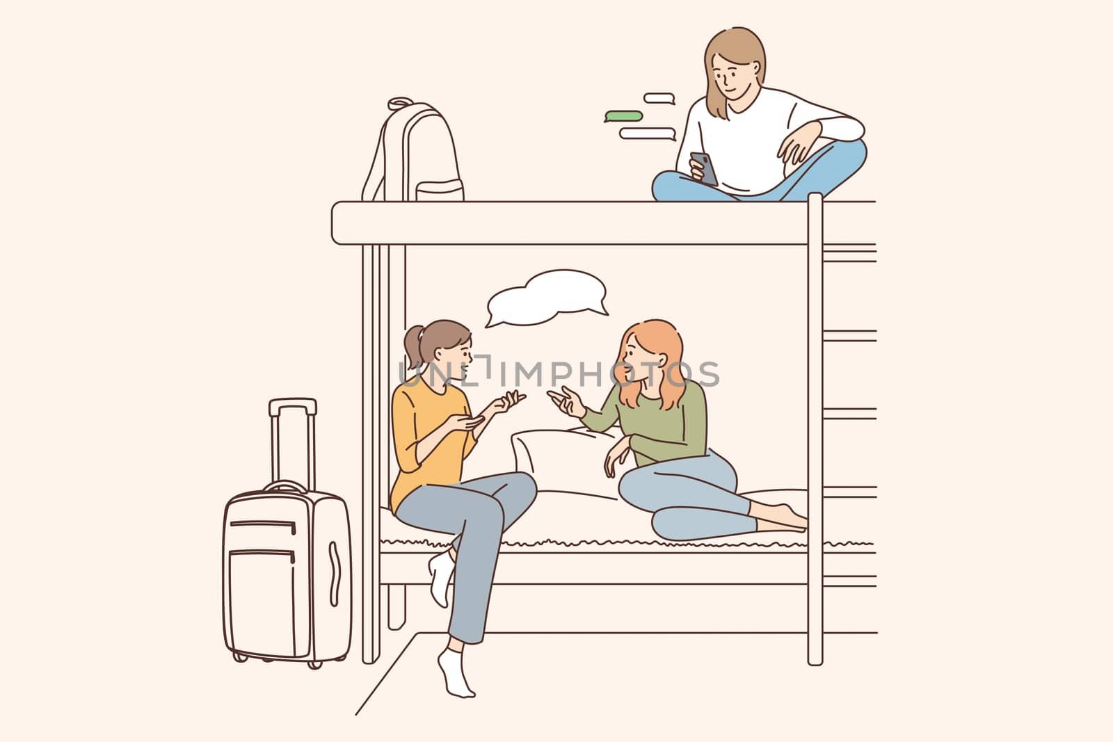Hostel for young people concept. Positive girls friends cartoon characters sitting sharing one room in hostel or hotel chatting communicating together vector illustration