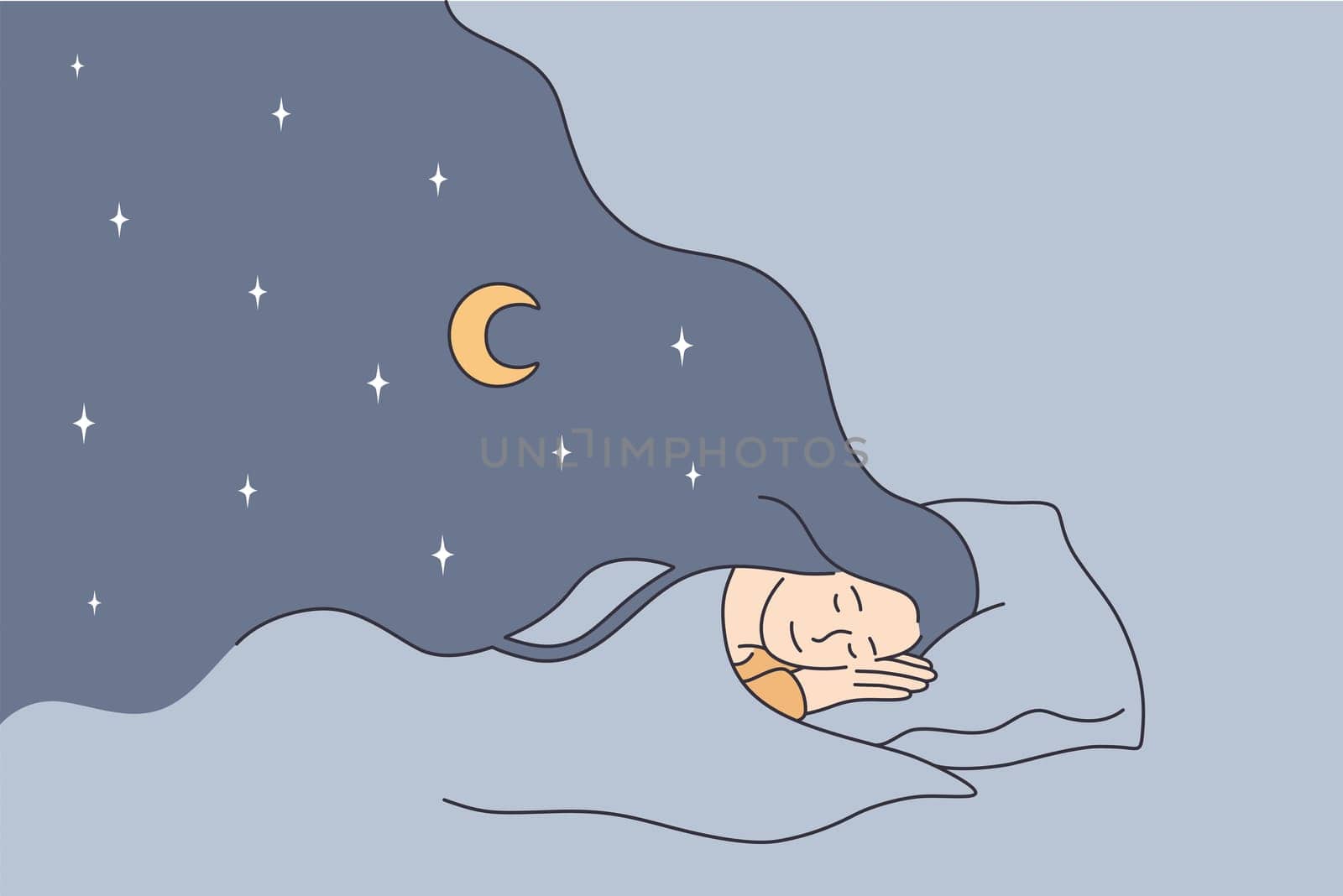 Having sweet dreams at night concept. Young positive girl cartoon character lying in bed sleeping having dreams with eyes closed vector illustration