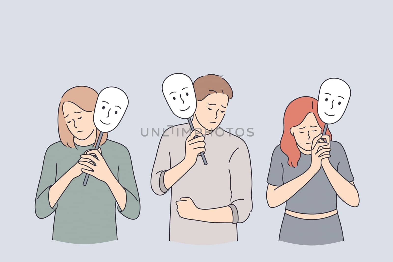 Emotion, personality, psychology, disguise concept. Depressed young people cartoon characters standing holding positive masks on sticks over faces vector illustration