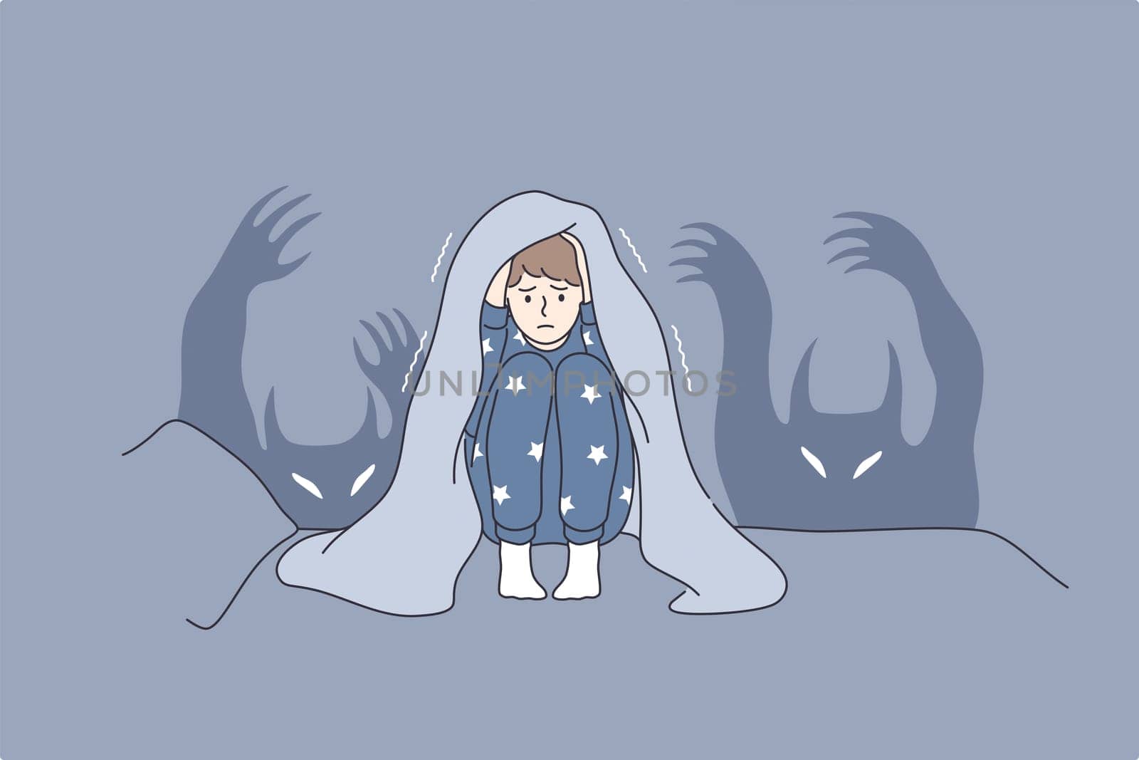 Children nightmares and fears concept. Afraid kid cartoon character sitting in bed covering head with blanket afraid of ghosts and hiding in bed vector illustration