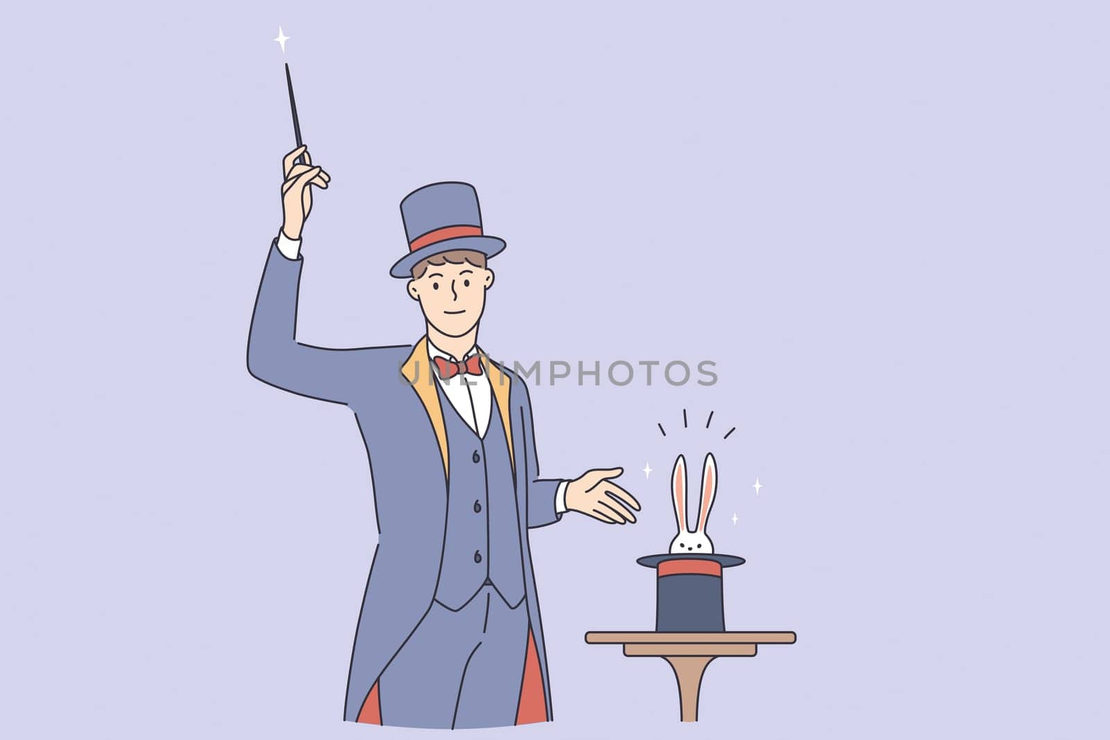 Magician making trick during work concept. Young smiling man magician wearing traditional costume standing with stick making magic trick with rabbit in hat vector illustration