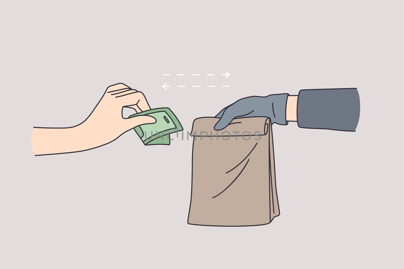 Delivery during coronavirus epidemic concept. Couriers hand in latex gloves holding paper bag with food and female hand in latex gloves giving money delivery service in pandemic time