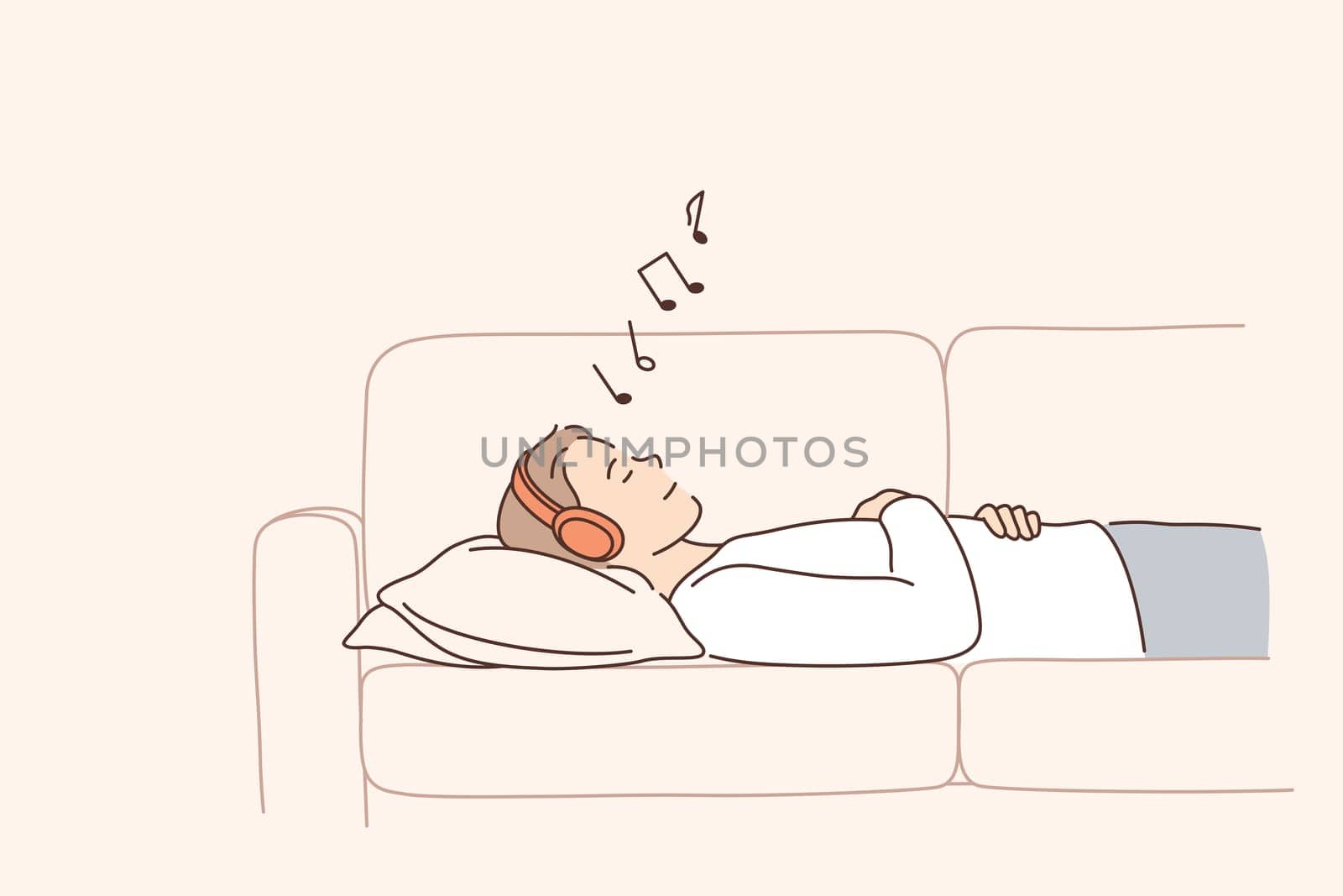 Relaxation and listening to music concept. Young positive woman cartoon character in headphones lying in bed listening to music feeling relaxed and calm vector illustration