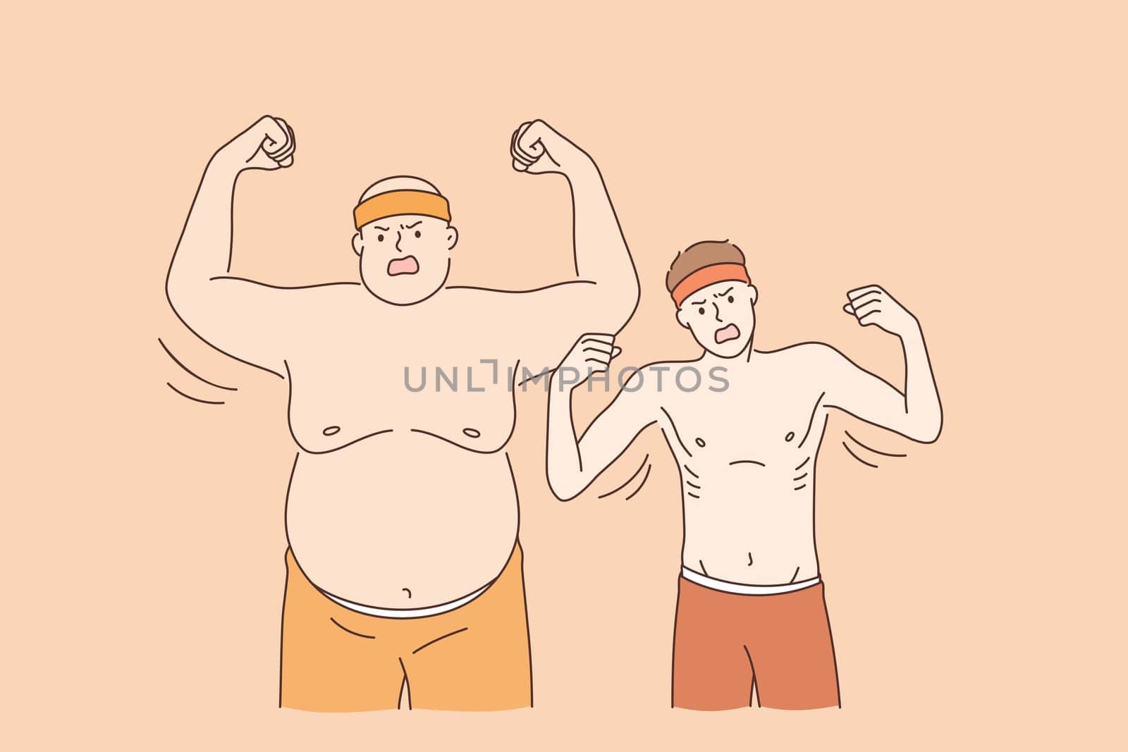 Thick and thin athletes concept. Young furious big overweight and thin fit sportsmen fighters standing showing different biceps shouting looking at camera vector illustration