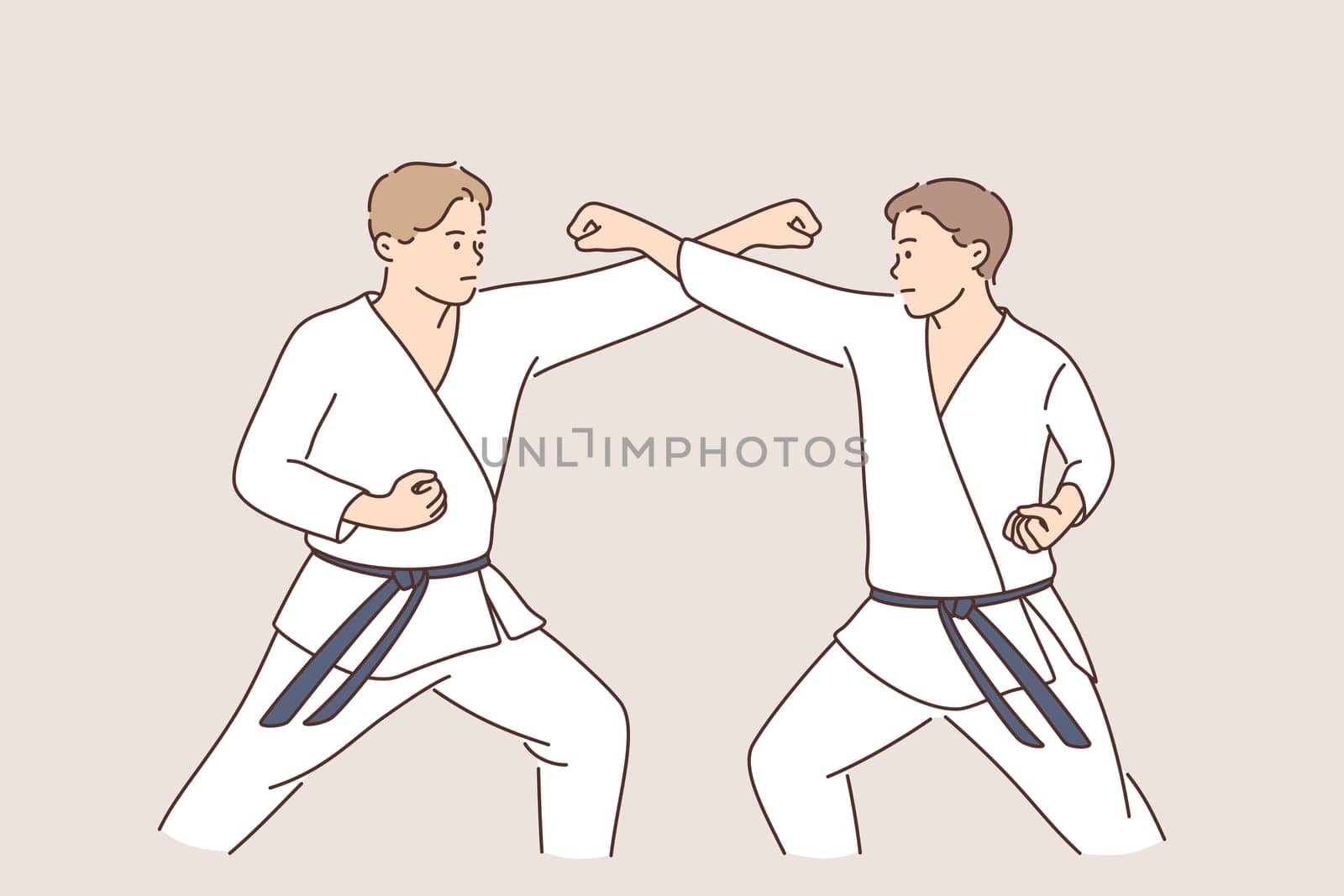 Professional karate sport fighters concept. Two strong men cartoon characters in white uniforms standing fighting practicing karate together vector illustration