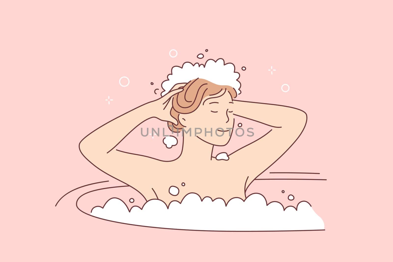 Hair care and hygiene concept. Young smiling woman cartoon character washing hair in bathroom with shampoo and bubble foam vector illustration