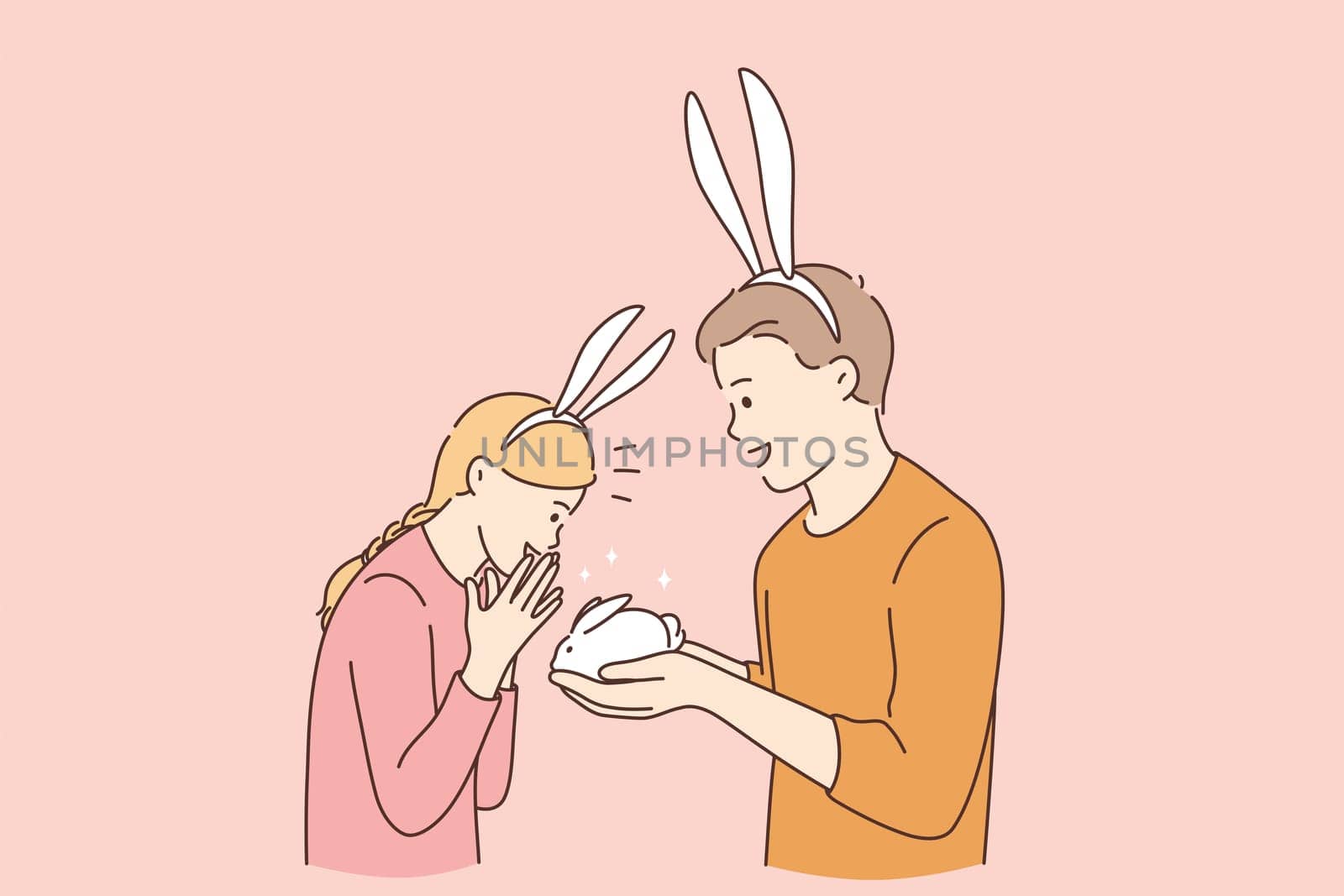 Funny cute present for girl concept. Young smiling boy cartoon character wearing rabbit ears giving white small rabbit gift for his surprised happy girlfriend vector illustration