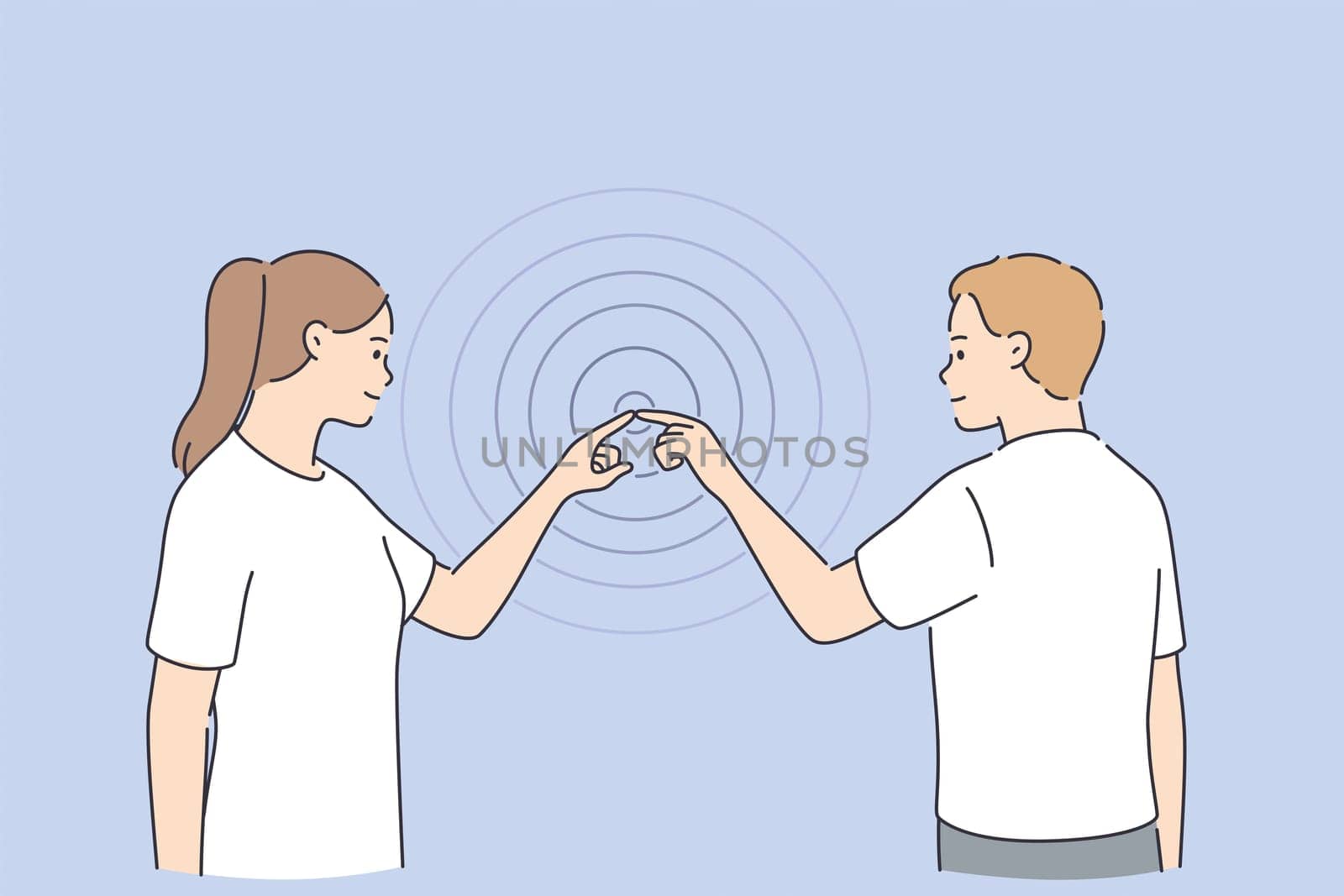 Business connections, web template, header concept. Young man and woman cartoon characters touching fingers, waves from the point vector illustration