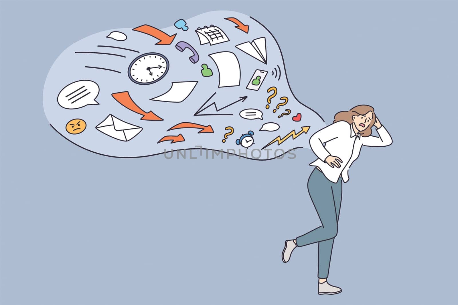 Overloading, stress, overwork job concept. Young business woman cartoon character running away from information stream pursuing her overwhelmed by information vector illustration