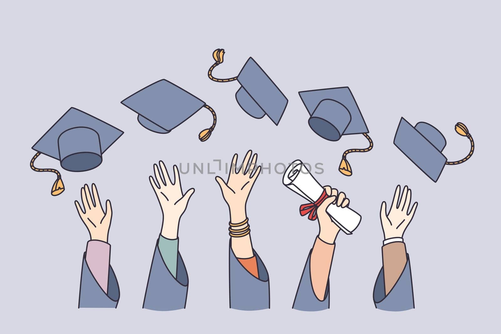 Getting education and learning concept. Hands of students university graduates lifting bonets in air holding diploma celebrating graduation vector illustration