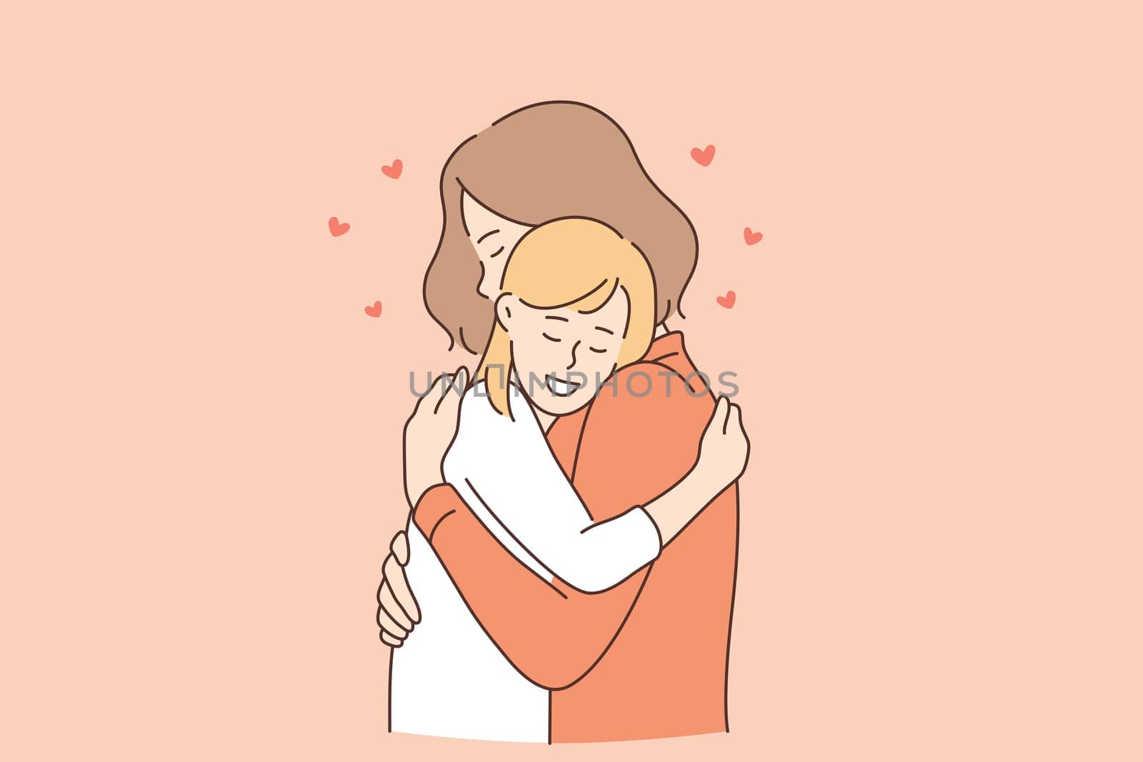 Mothers day and happiness of maternity concept. Happy smiling mother and daughter cartoon characters hugging each other with love and care vector illustration