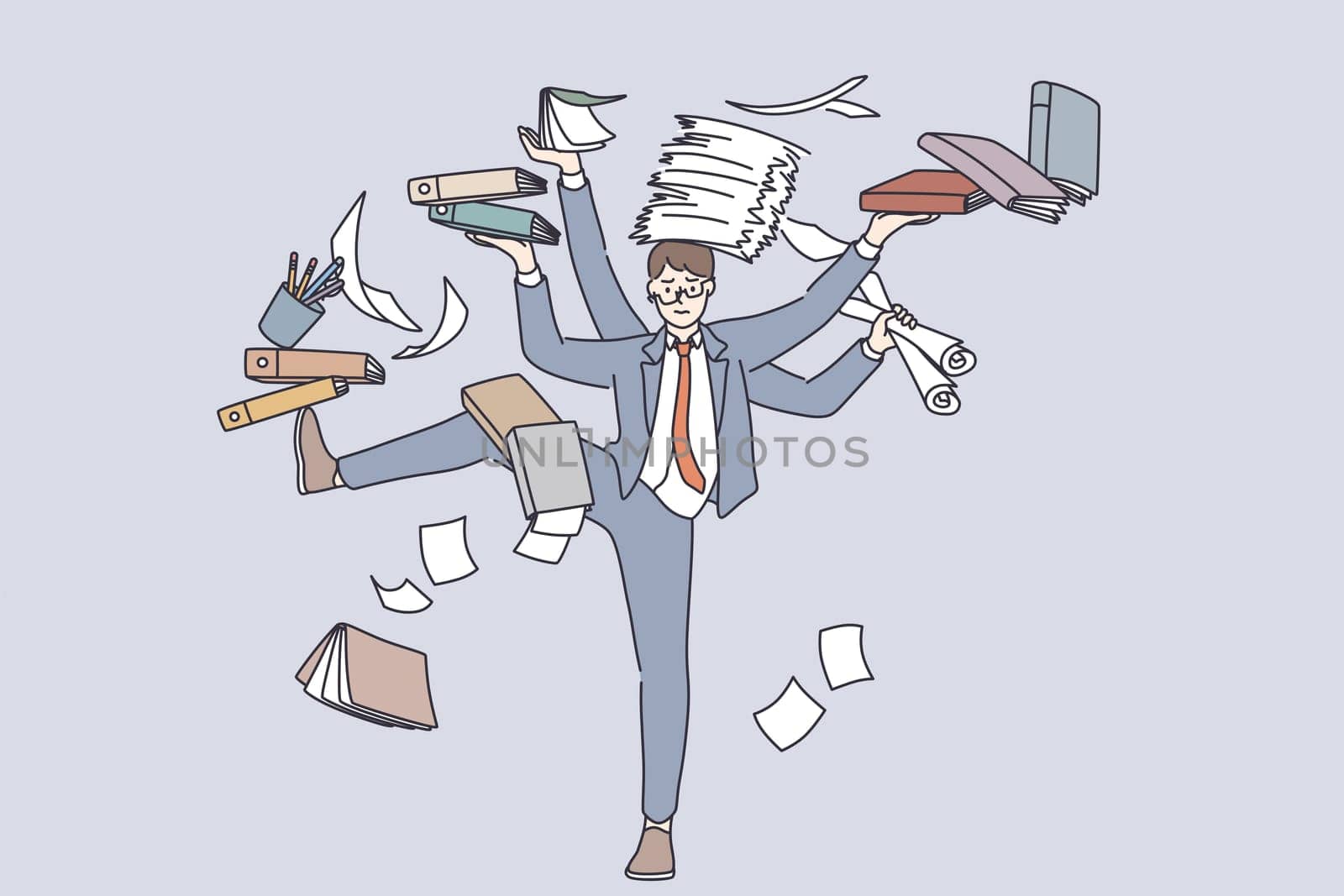 Business multitasking and time management concept. Young frustrated businessman cartoon character standing with heap of books document paperwork feel stressed and tired trying to manage everything