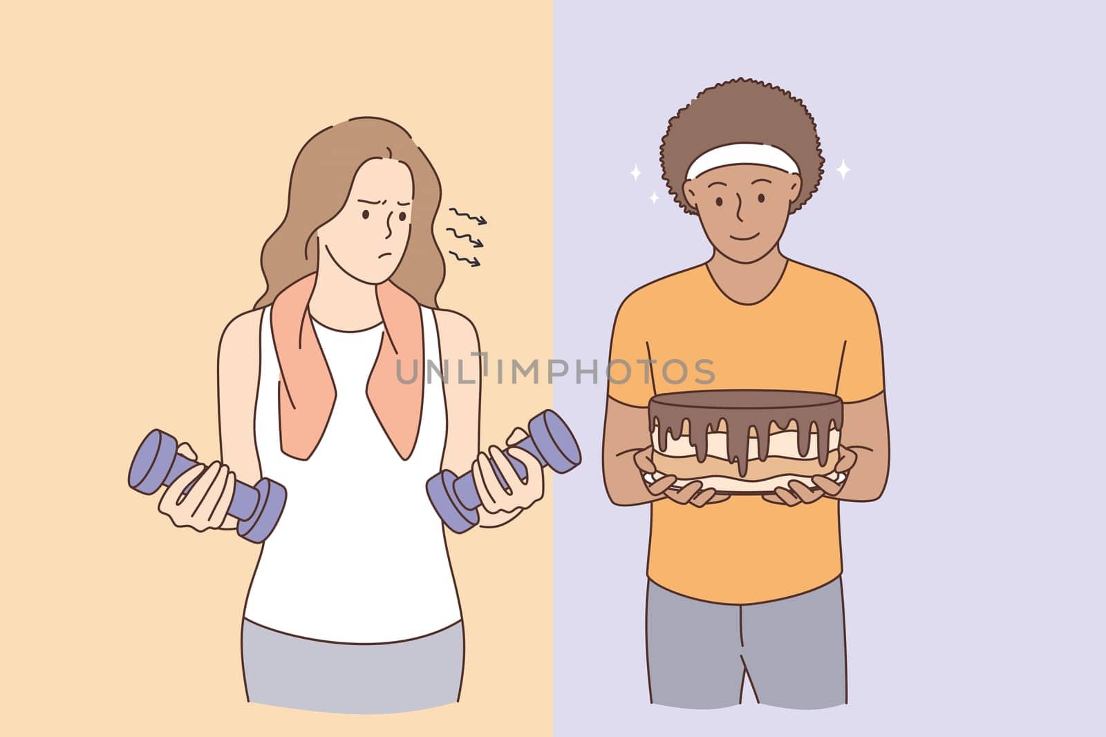 Active lifestyle or eating sweets concept. Young stressed frustrated woman in sportswear with dumbbels cartoon character standing looking at chocolate cake in boys hands vector illustration