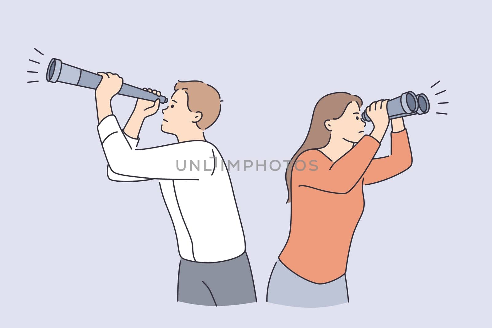 Business research and development concept. Young man and woman colleagues standing looking through telescope and binoculars vector illustration