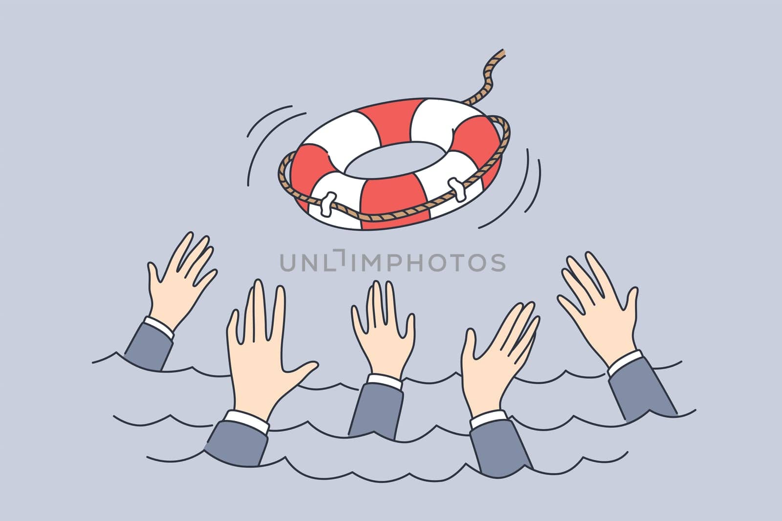 Support, bankrupt, crisis management concept. Hands of business people trying to catch lifebuoy from ship and get help support service in difficult situation vector illustration