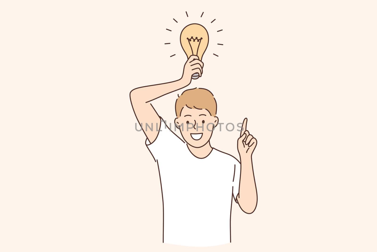 Having business idea and innovation concept. Young caucasian positive man cartoon character standing with light bulb above feeling excited vector illustration