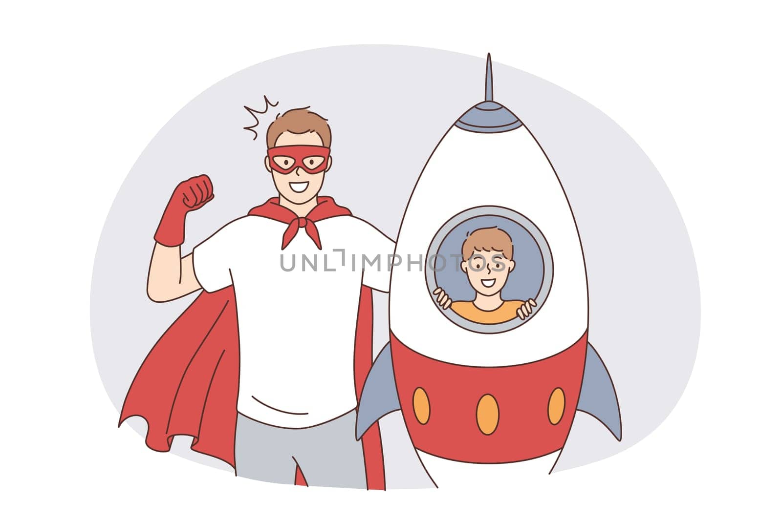 Happy fatherhood and childhood concept. Happy smiling father man in superhero costume and his son in toy rocket playing looking at camera feeling excited together vector illustration