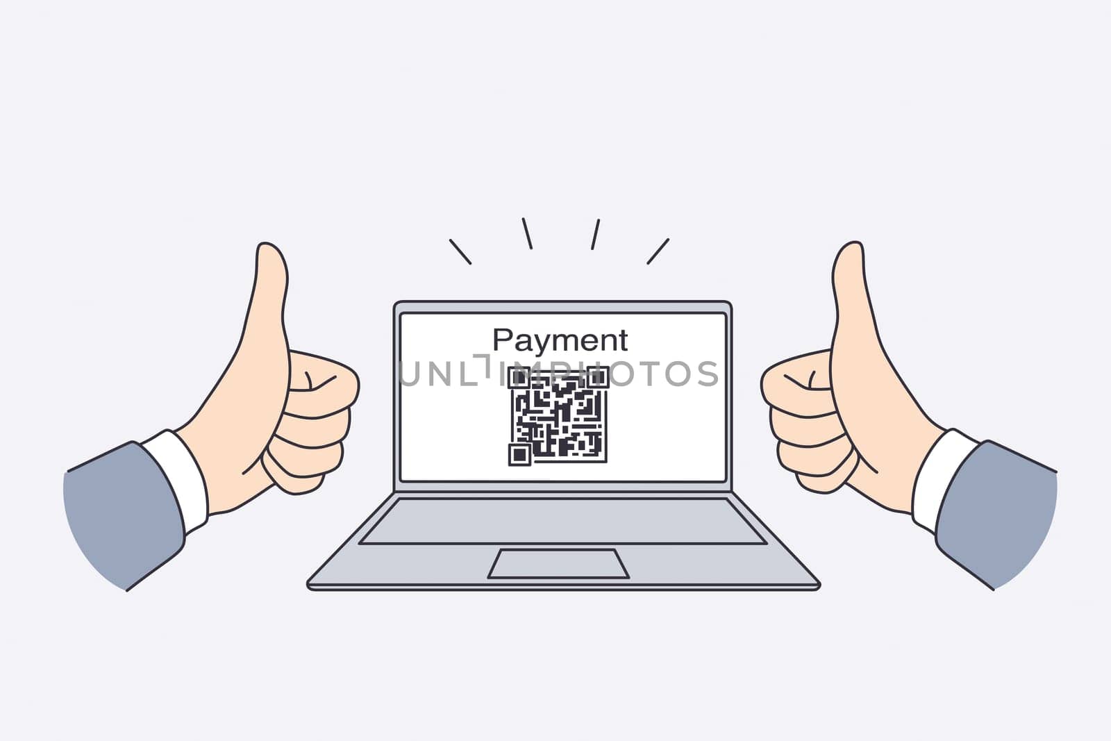 Electronic payment with qr code concept. Hands of man showing thumbs up sign with electronic payment and qr code for transaction on laptop screen vector illustration