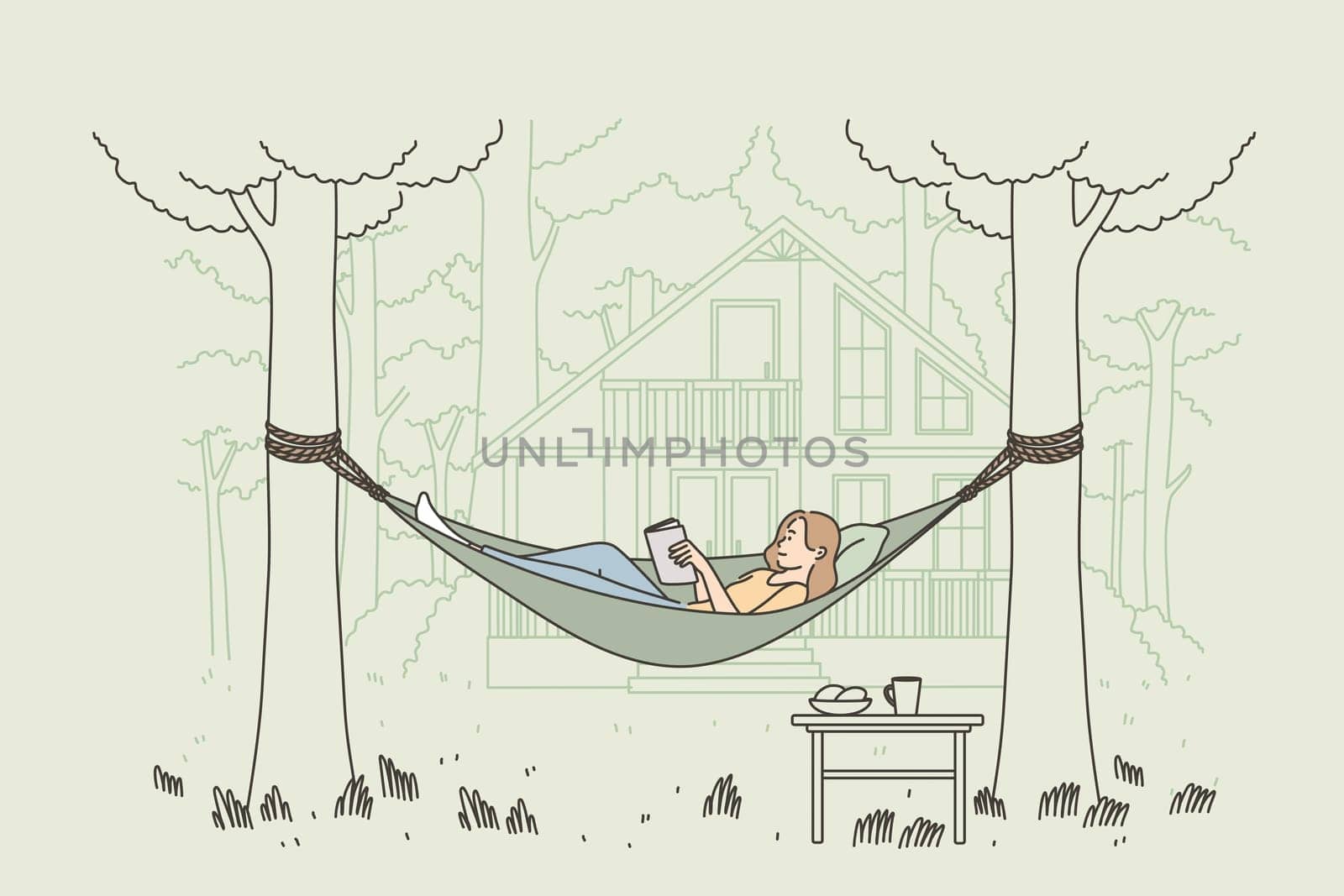 Relaxation, summer outdoor leisure concept. Happy girl cartoon character relaxing in backyard, lying in hammock and reading book vector illustration