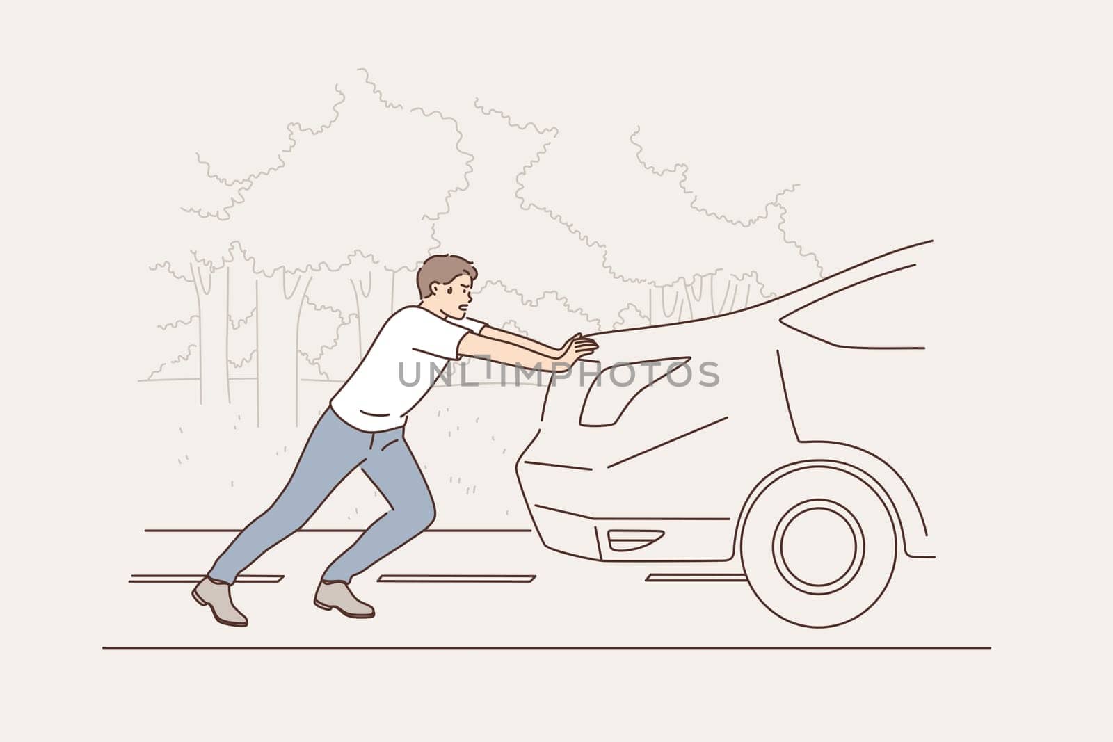 Car breakdown and service concept. Tired young man cartoon character pushing broken damaged car vehicle on road to service repairing vector illustration