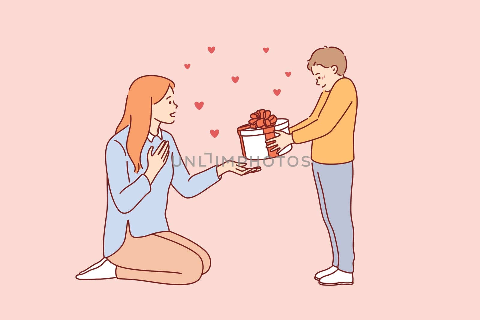 Celebrating Happy Mothers day concept. Small smiling boy cartoon character standing giving present box to his young mother for holiday vector illustration