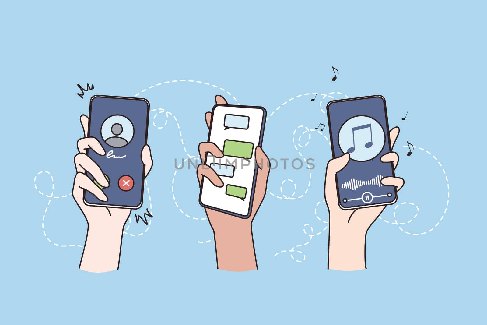 Technology, internet, wireless communication concept. Hands of people holding smartphones with various applications on screens vector illustration