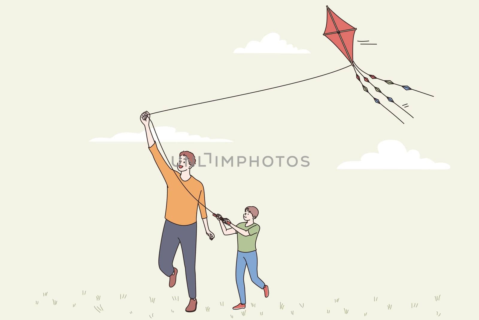 Happy fathers day and leisure concept. Smiling positive man parent dad and his son playing with flying kite together outdoors on sunny summer day vector illustration