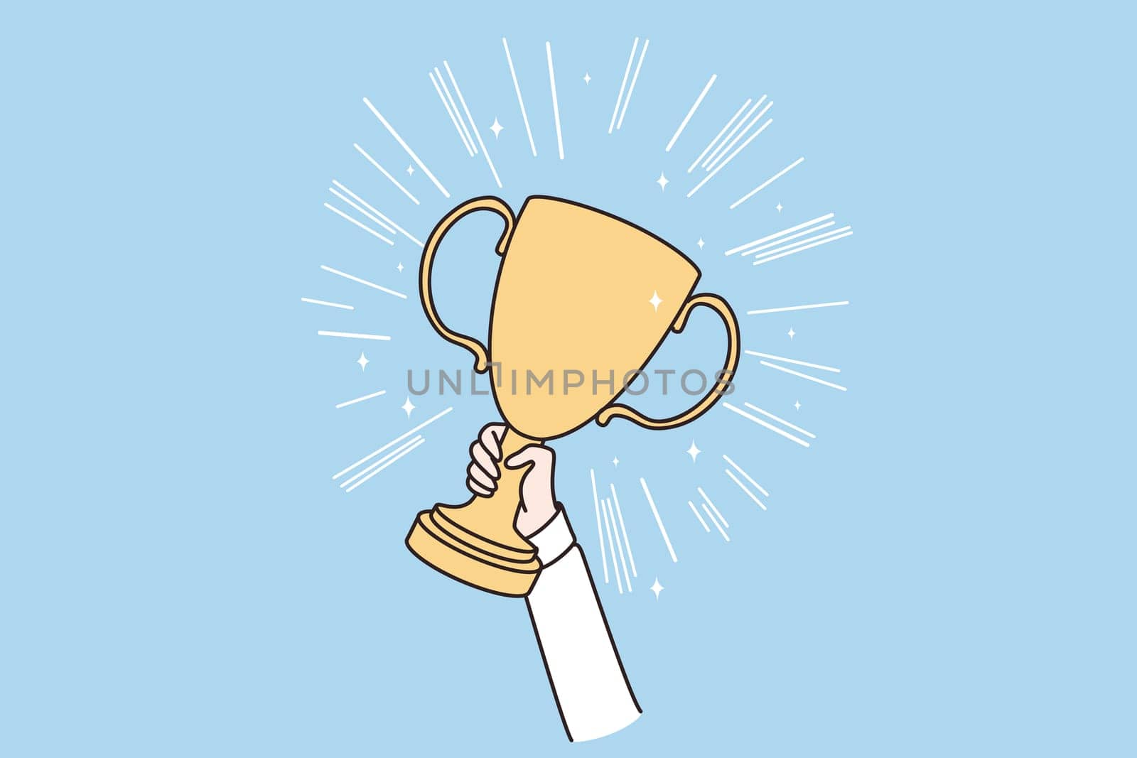 Reaching goals, winner, victory concept. Hands of person holding golden trophy celebrating success vector illustration