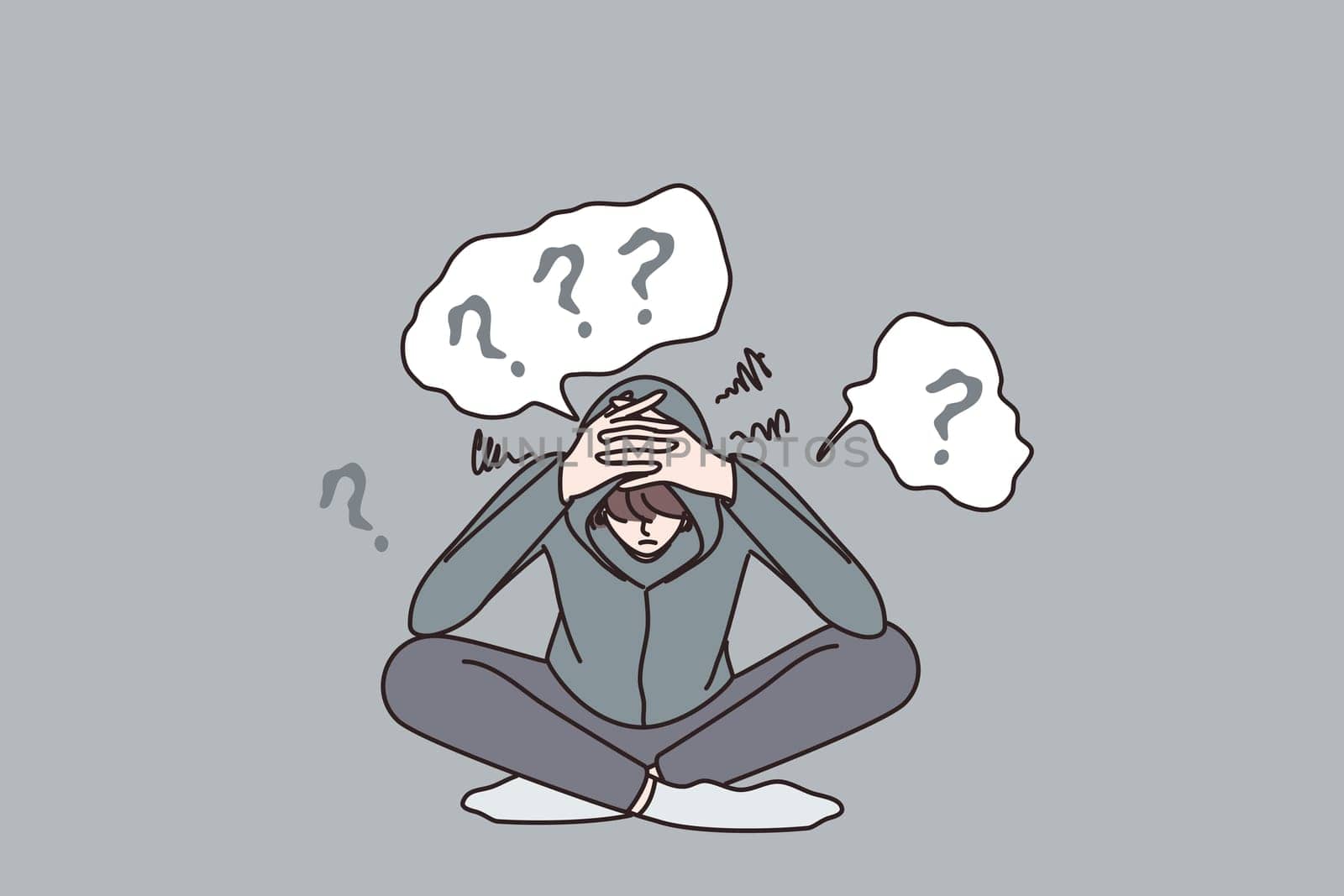 Depression and mental disorder concept. Young depressed sad frustrated teen sitting touching head having questions and problems in mind vector illustration